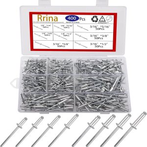 Kit surtido de remaches ciegos de aluminio, 400 unidades, remaches de cabeza abovedada, remaches decorativos largos para chapa de metal, 8 tamaños Kit surtido de remaches ciegos de aluminio, 400 unidades, remaches de cabeza abovedada, remaches decorativos largos para chapa de metal, 8 tamaños