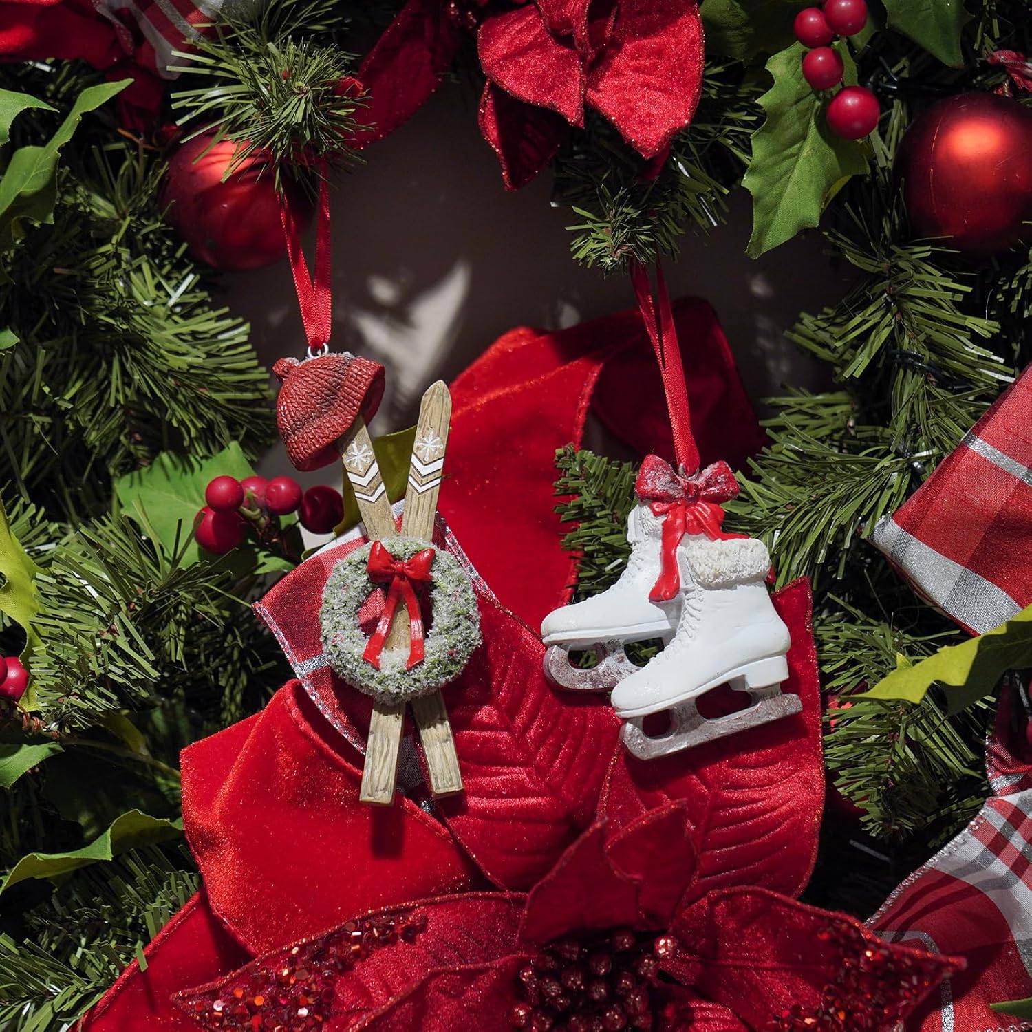Adornos para árbol de Navidad, zapatos de patinaje  Juego de 2 bonitos adornos de Navidad, adornos de esquís y patines para árboles de Navidad,
