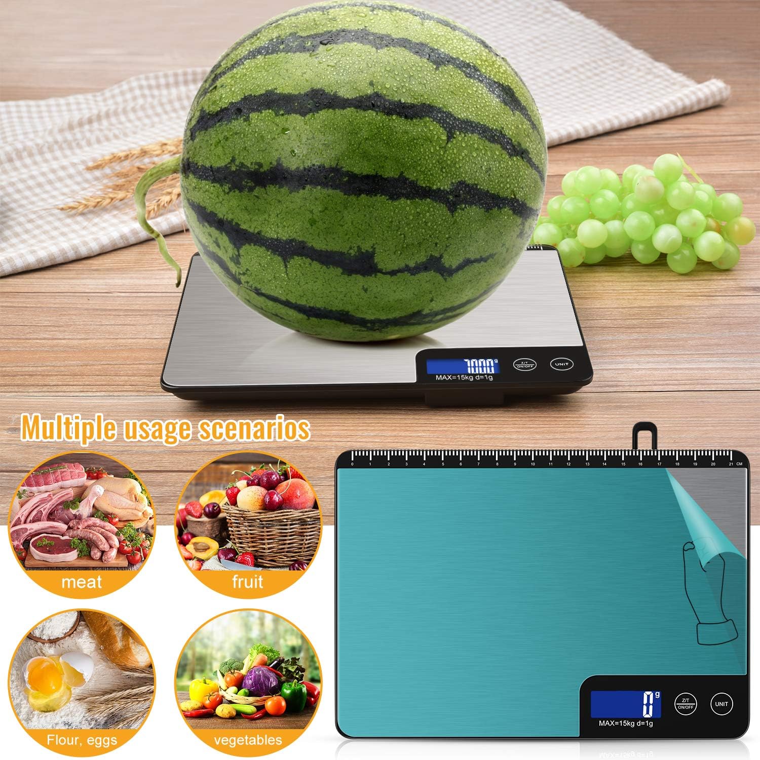 Báscula digital de cocina de 33 libras, área de pesaje grande, báscula electrónica profesional de alimentos, báscula doméstica de acero inoxidable,