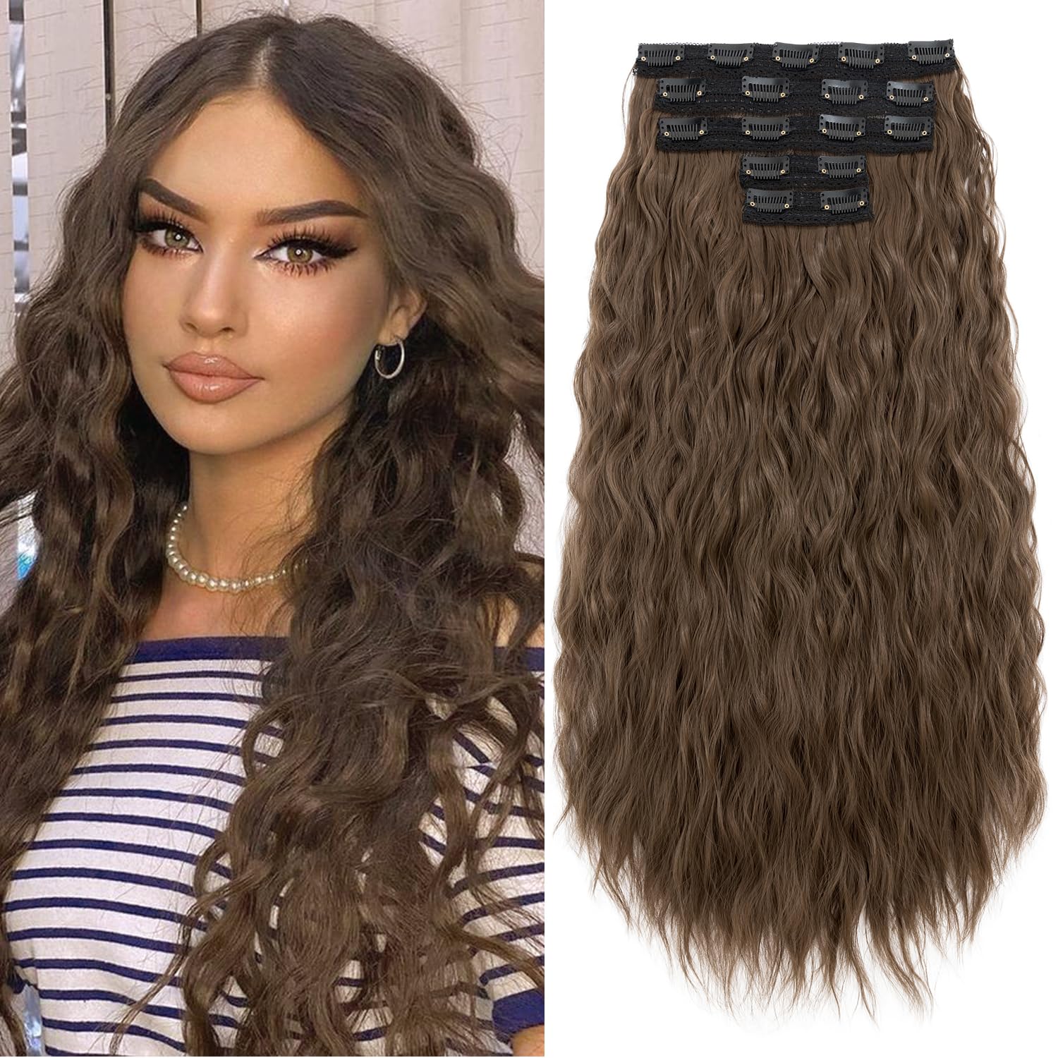 S-noilite Extensiones de cabello con clip de 24 pulgadas, 5 unidades, extensiones de cabello ondulado sintético grueso y natural, extensiones de