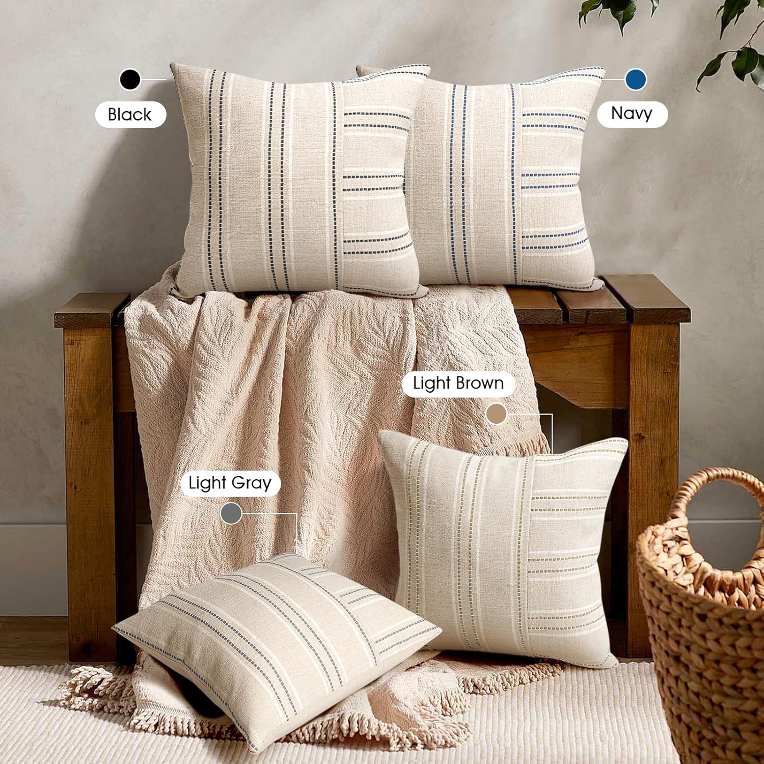 AELS Juego de 2 fundas de almohada decorativas de lino de 18 x 18 pulgadas, fundas de almohada con textura bohemia, color beige con rayas blancas y