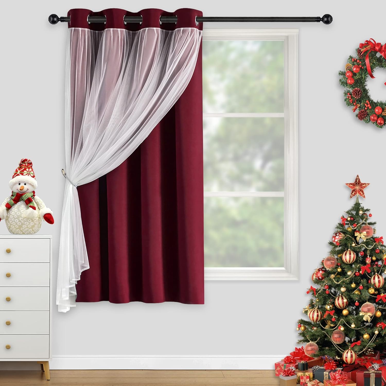 Kinryb Cortinas opacas cortas para decoración de Navidad, con superposición blanca transparente, 2 capas, insonorizadas, para sala de estar,