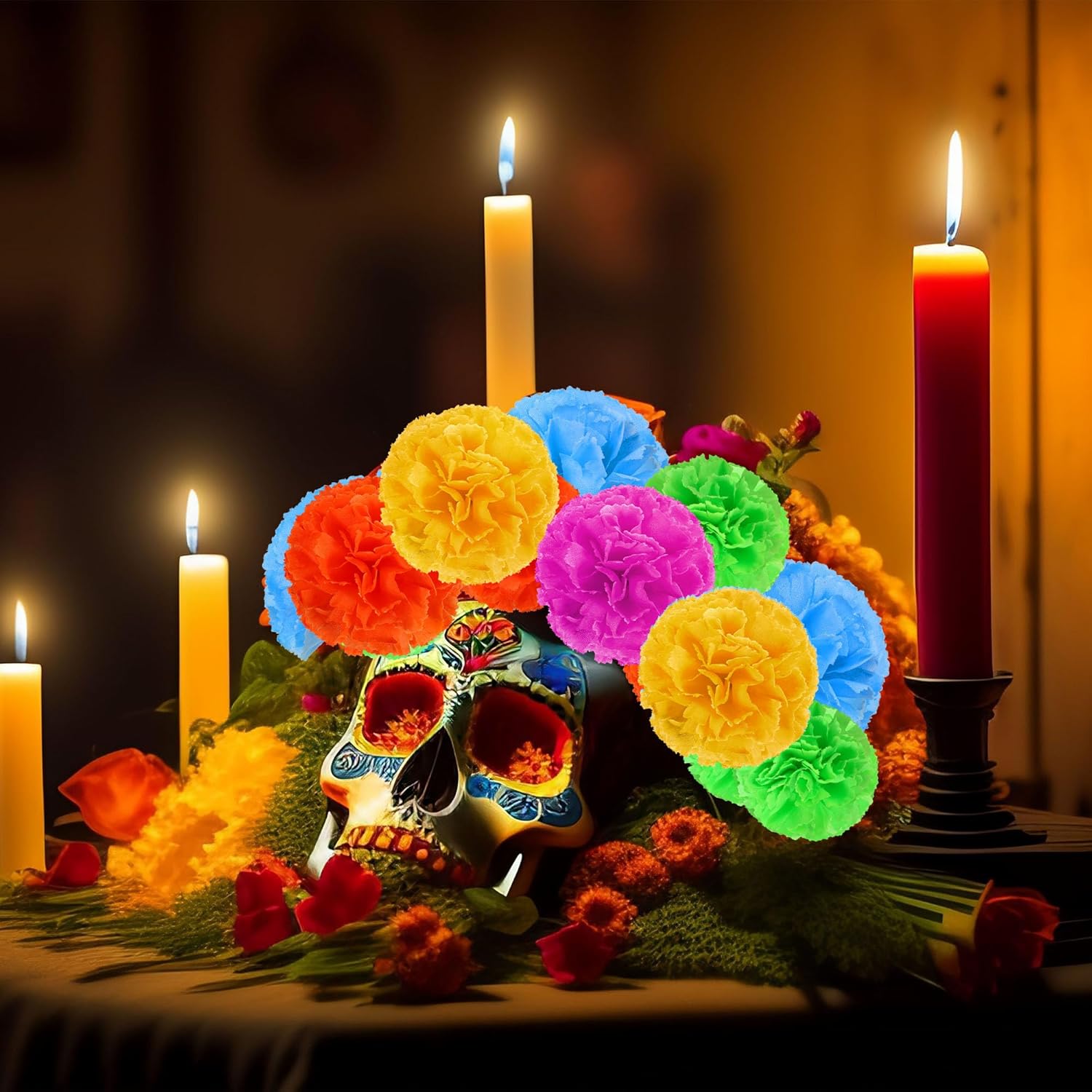 59 pancartas mexicanas de caléndula artificiales, cabezas de flores de seda de colores para el Día de los Muertos, Día de los Muertos, Diwali,