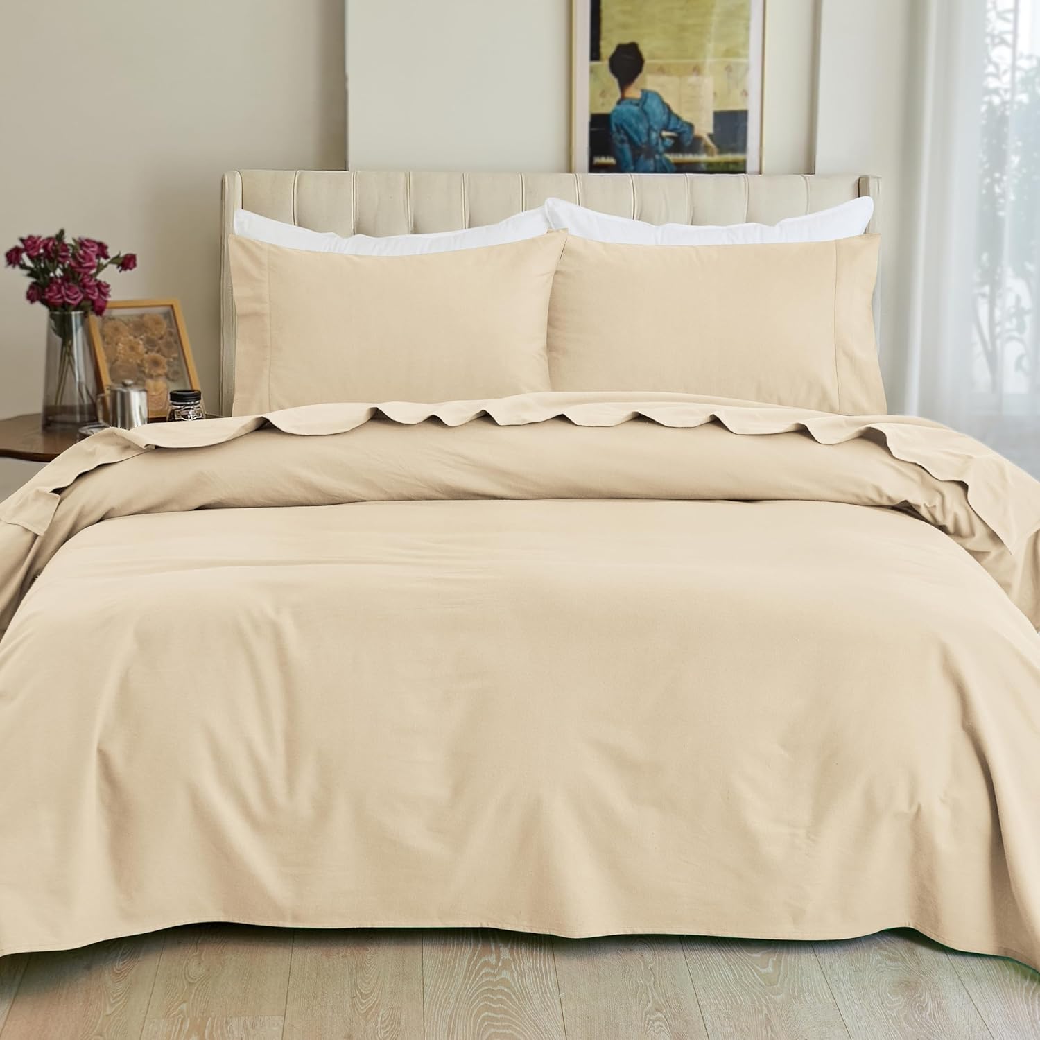 Elegant Comfort Juego de sábanas suaves de franela de 100% algodón turco, 4 piezas, calidad premium, sábana bajera con bolsillo profundo, ultra
