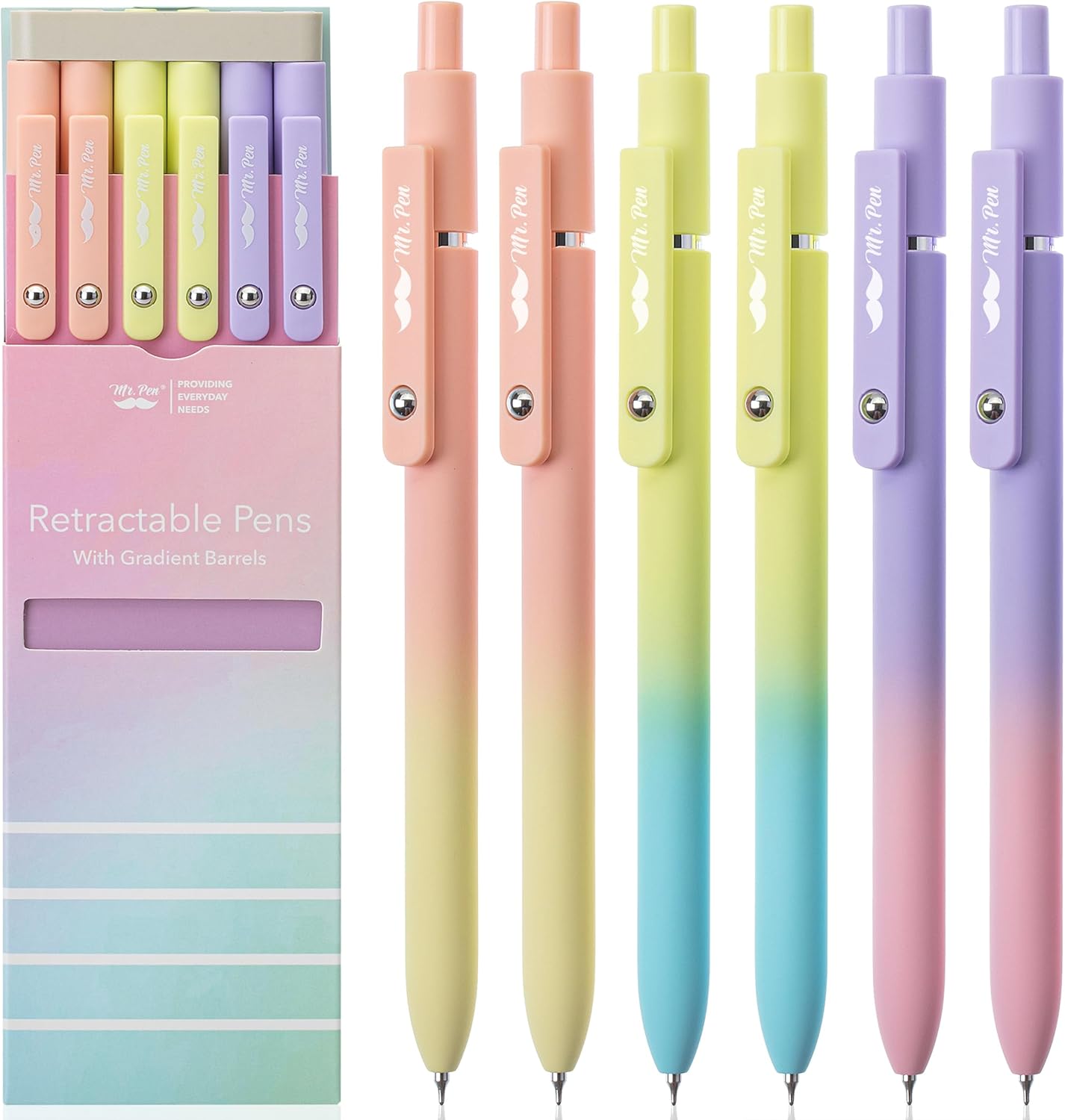 Mr. Pen – Bolígrafos de gel retráctiles, paquete de 6, barriles de color degradado, bolígrafos de gel negros, de secado rápido, bolígrafos de gel de