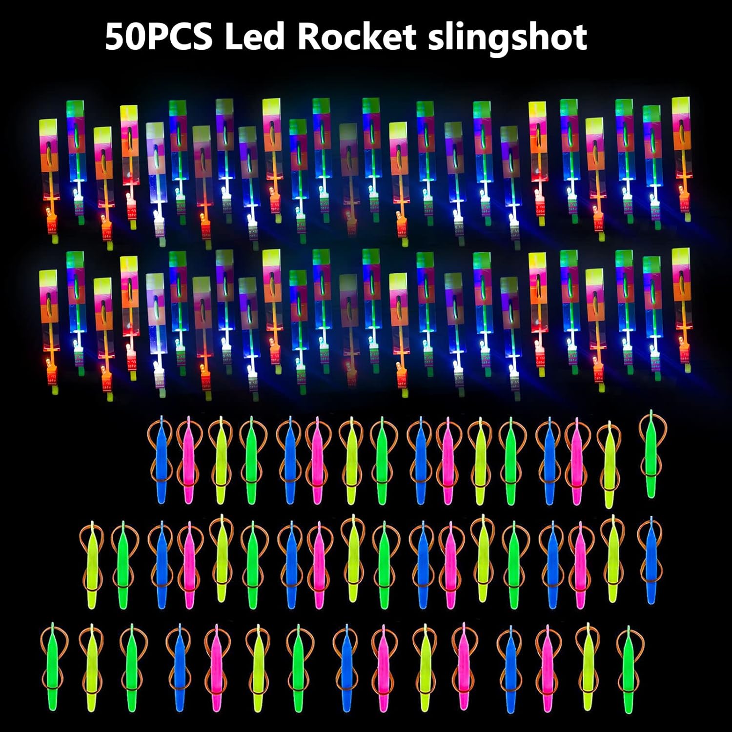 100 lanzacohetes para niños, 50 tirachinas + 50 helicópteros brillantes, cohete de dedo con luces LED, juguetes voladores que brillan en la