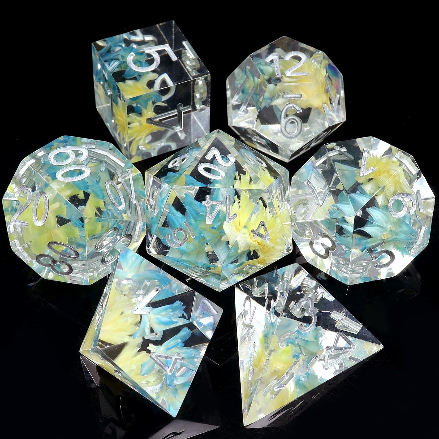 Haxtec Juego de dados DND de flores, dados de borde afilado con estuche de dados hechos a mano de resina azul y amarilla, juego de dados D&D para
