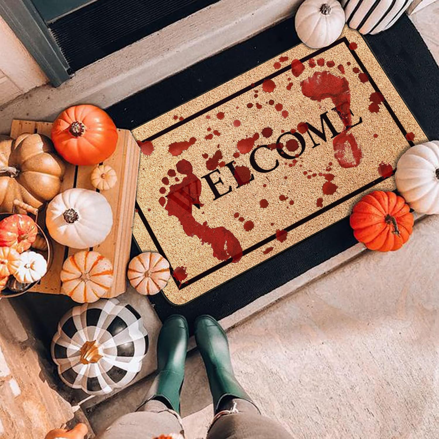 Tapete decorativo de Halloween para puerta delantera al aire libre, tapete de terror con huellas de sangre de 17 x 30 pulgadas, tapete de goma