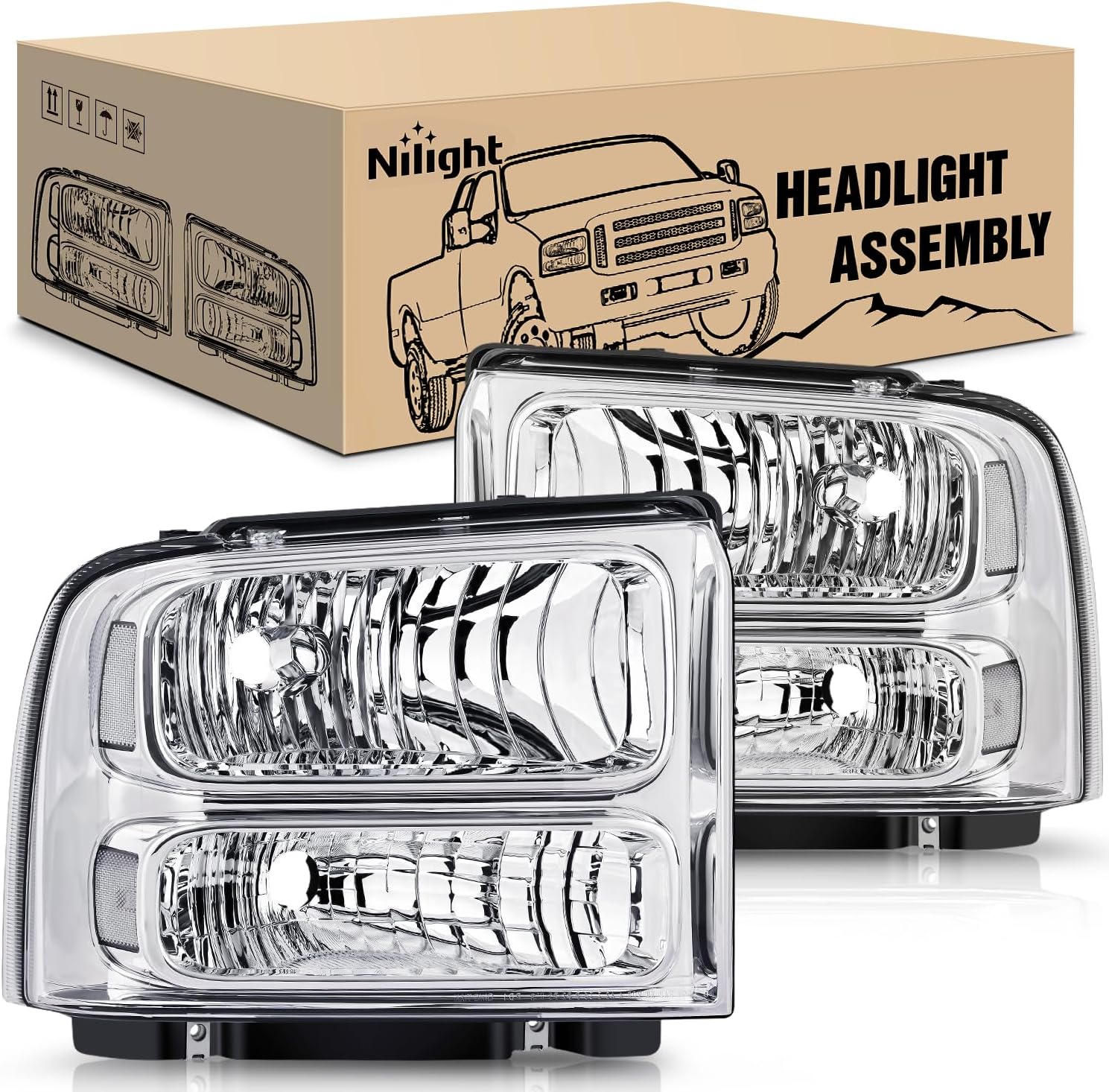Nilight Reemplazo del conjunto de faros delanteros 2005 2006 2007 F250 F350 F450 F550 carcasa cromada súper resistente, lente transparente de