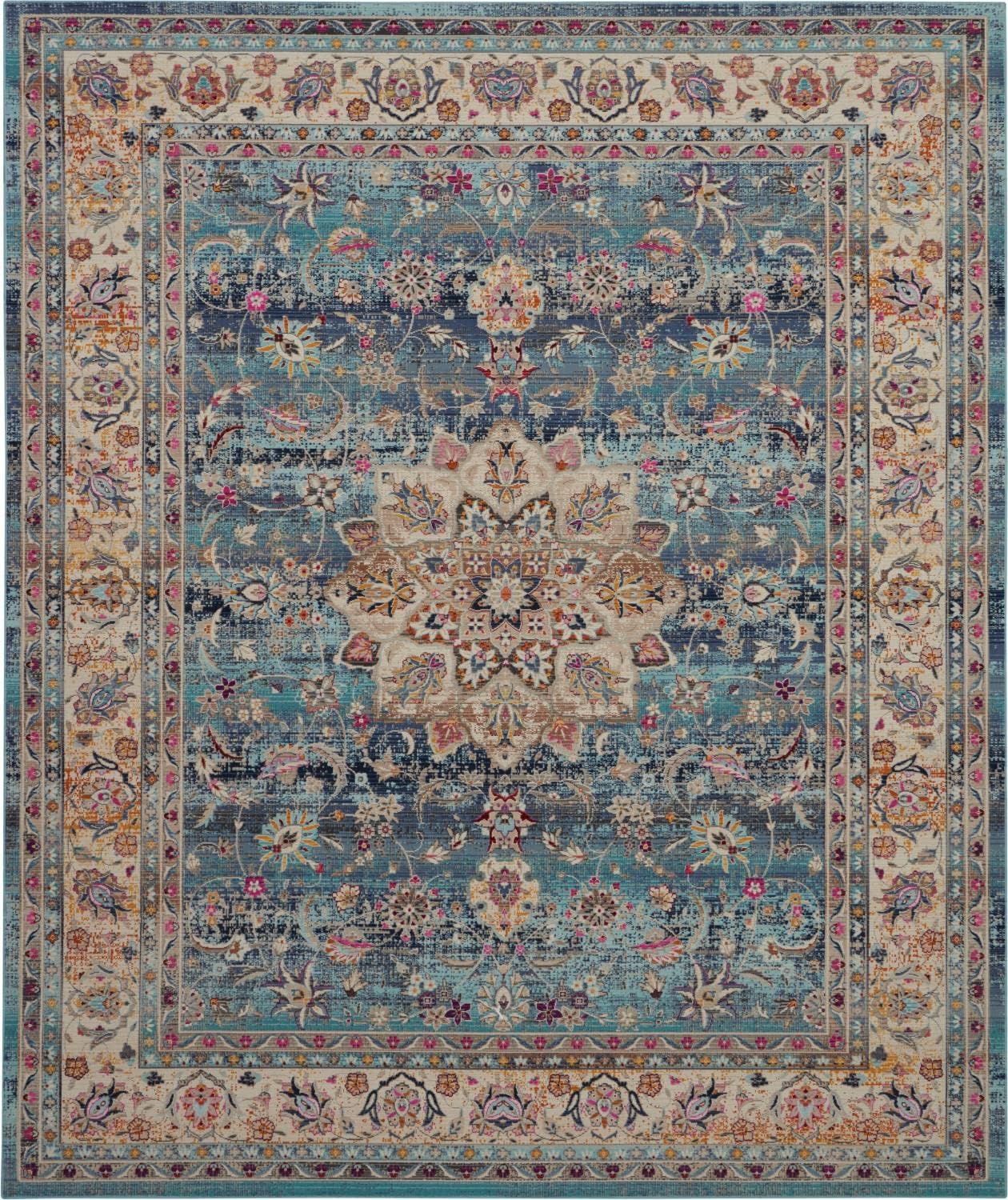 Nourison Vintage Kashan – Alfombra tradicional azul de 7 pies 10 pulgadas x 9 pies 10 pulgadas, fácil de limpiar, no se desprende, para dormitorio,