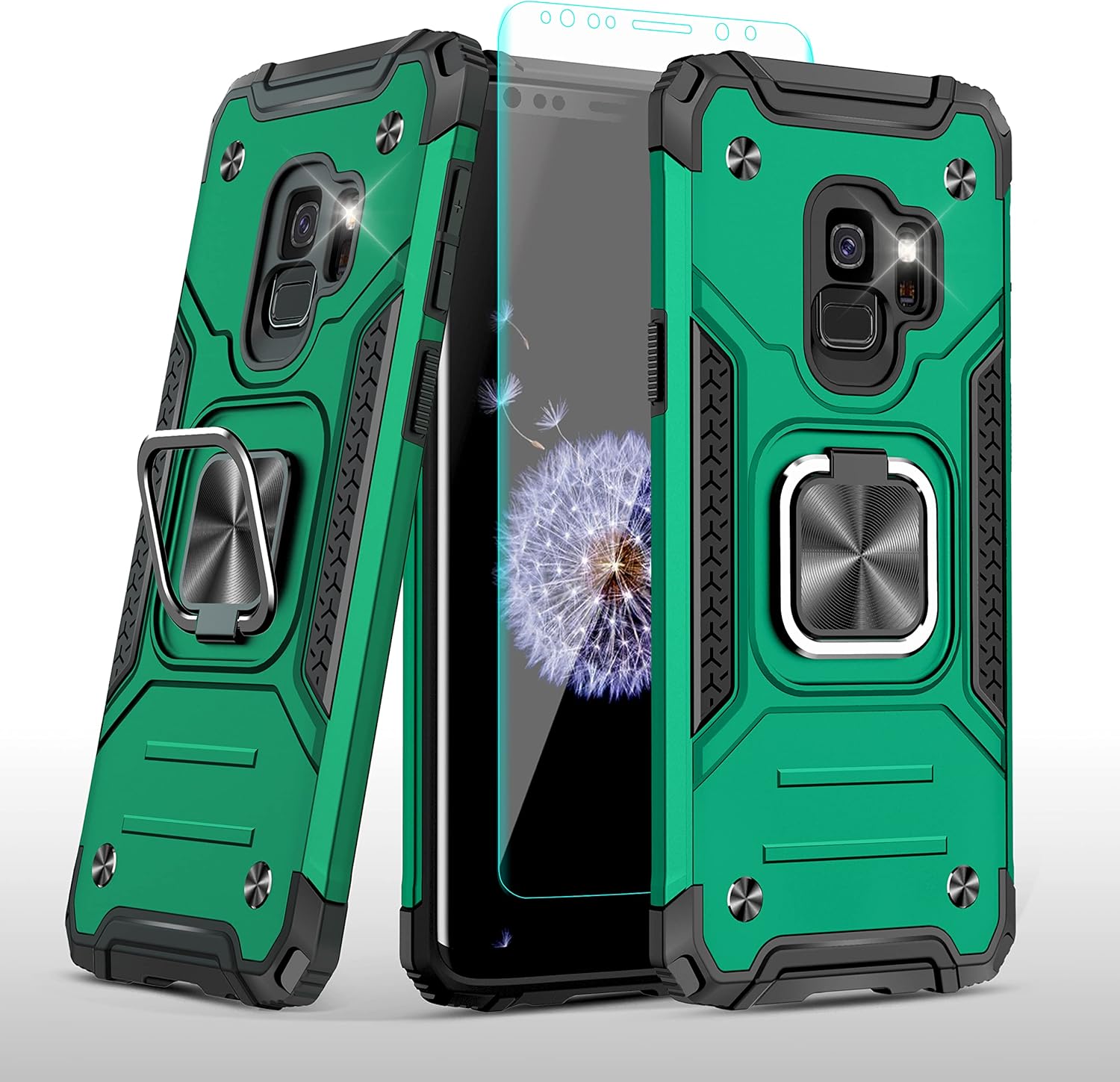 YmhxcY Funda para Galaxy S9, funda para Samsung S9 con protector de pantalla curvado 3D, funda de grado armadura con soporte giratorio,
