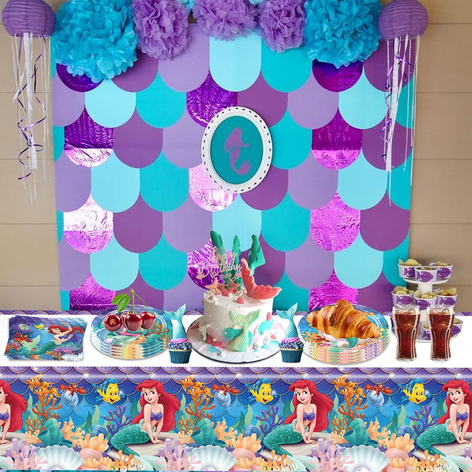 Ariel – Suministros para fiesta de cumpleaños, 20 platos, 20 servilletas y 1 mantel para decoración de fiesta de sirenita para niñas