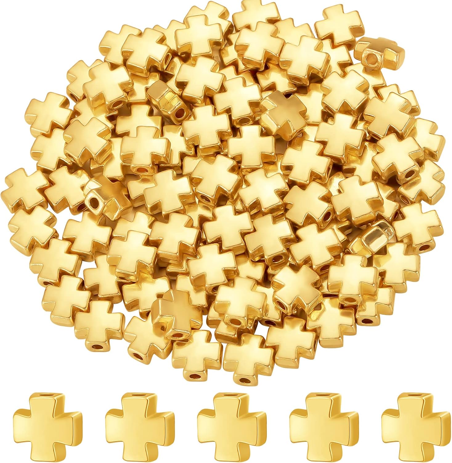 100 cuentas espaciadoras de cruz dorada, crucifijo, cuentas espaciadoras chapadas en oro, pequeñas cuentas de cruz de metal antiguo para