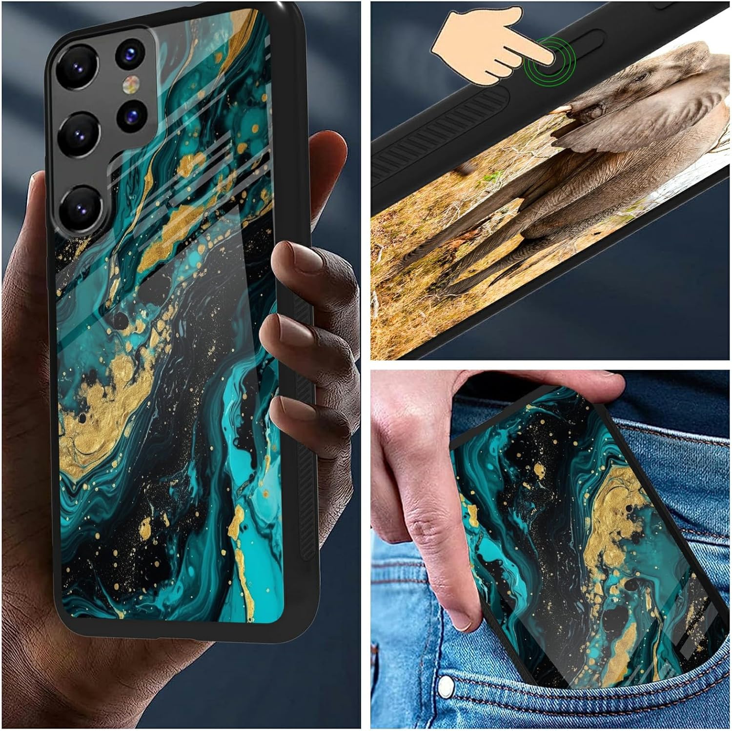 Funda para teléfono Samsung Galaxy S21 Ultra con protector de pantalla de vidrio templado delgado, cubierta negra, diseño elegante de mármol verde