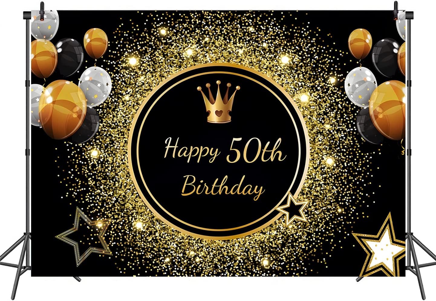 Telón de fondo de feliz cumpleaños 50 de 7 x 5 pies, poliéster negro y dorado con purpurina Bokeh, corona de fondo para fotografía, reina de 50