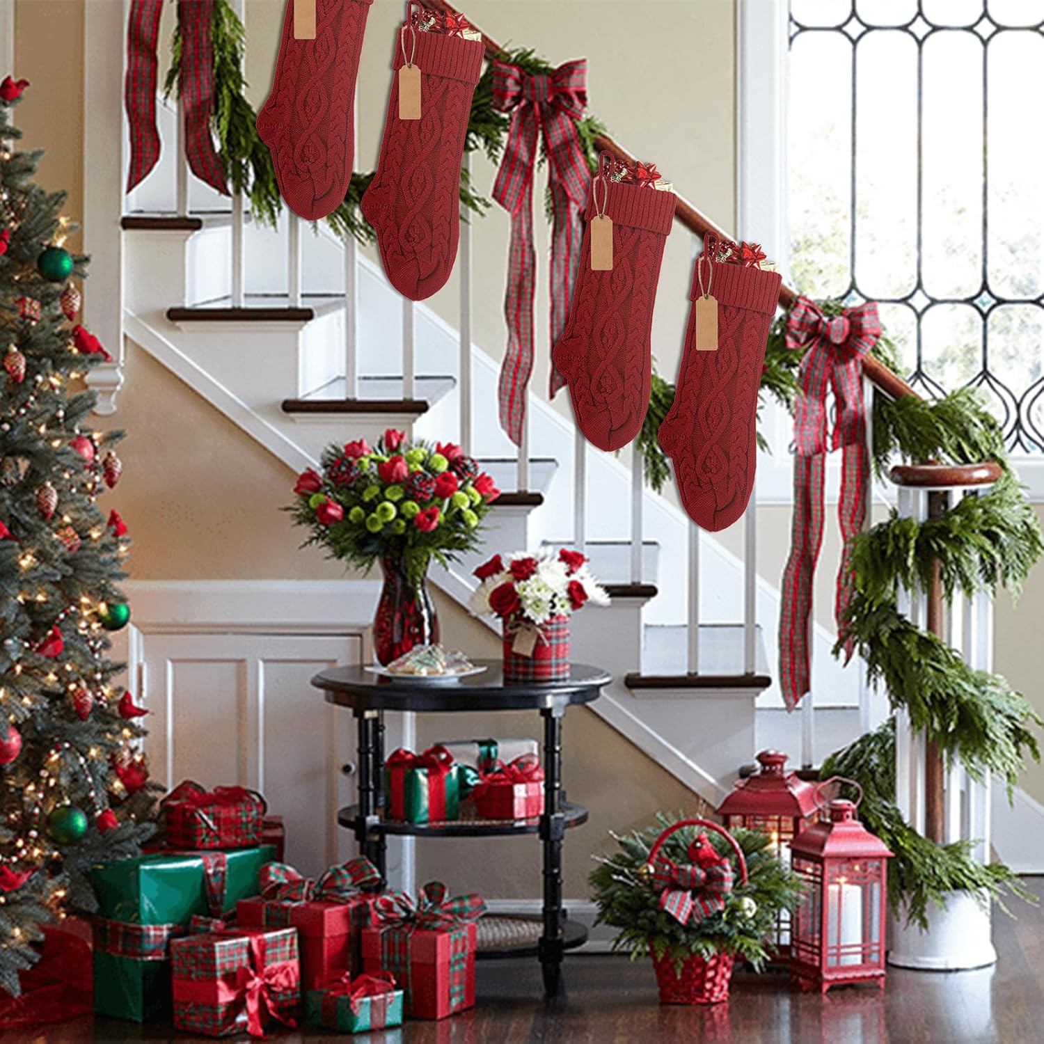 Medias de Navidad familiares grandes personalizadas paquete de 6 medias rojas, letras de Navidad, etiquetas de nombre de calcetín grande,