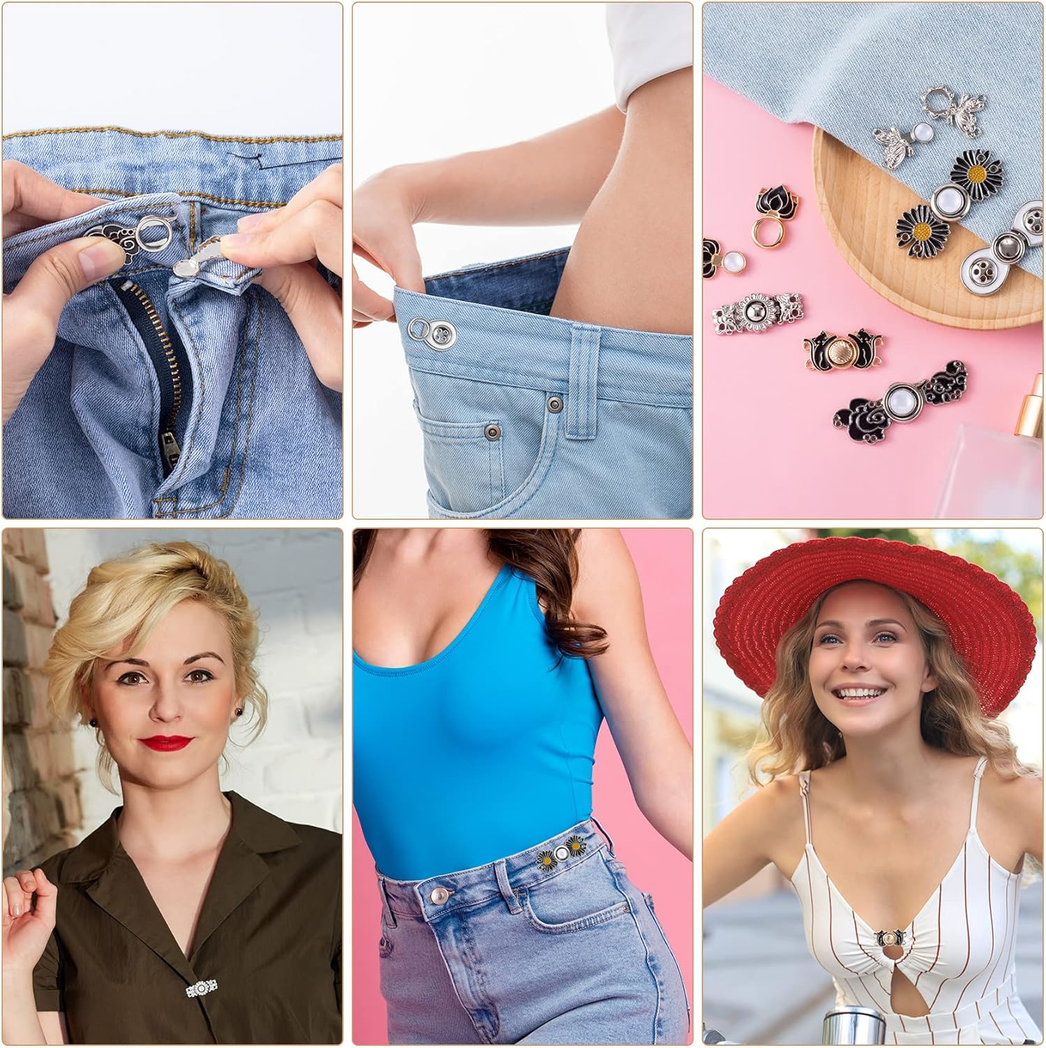 OIIKI Tensor de botones de jeans ajustable, 7 piezas, botones de mezclilla, alfileres de vestir, hebillas de ajuste de cintura, botones de