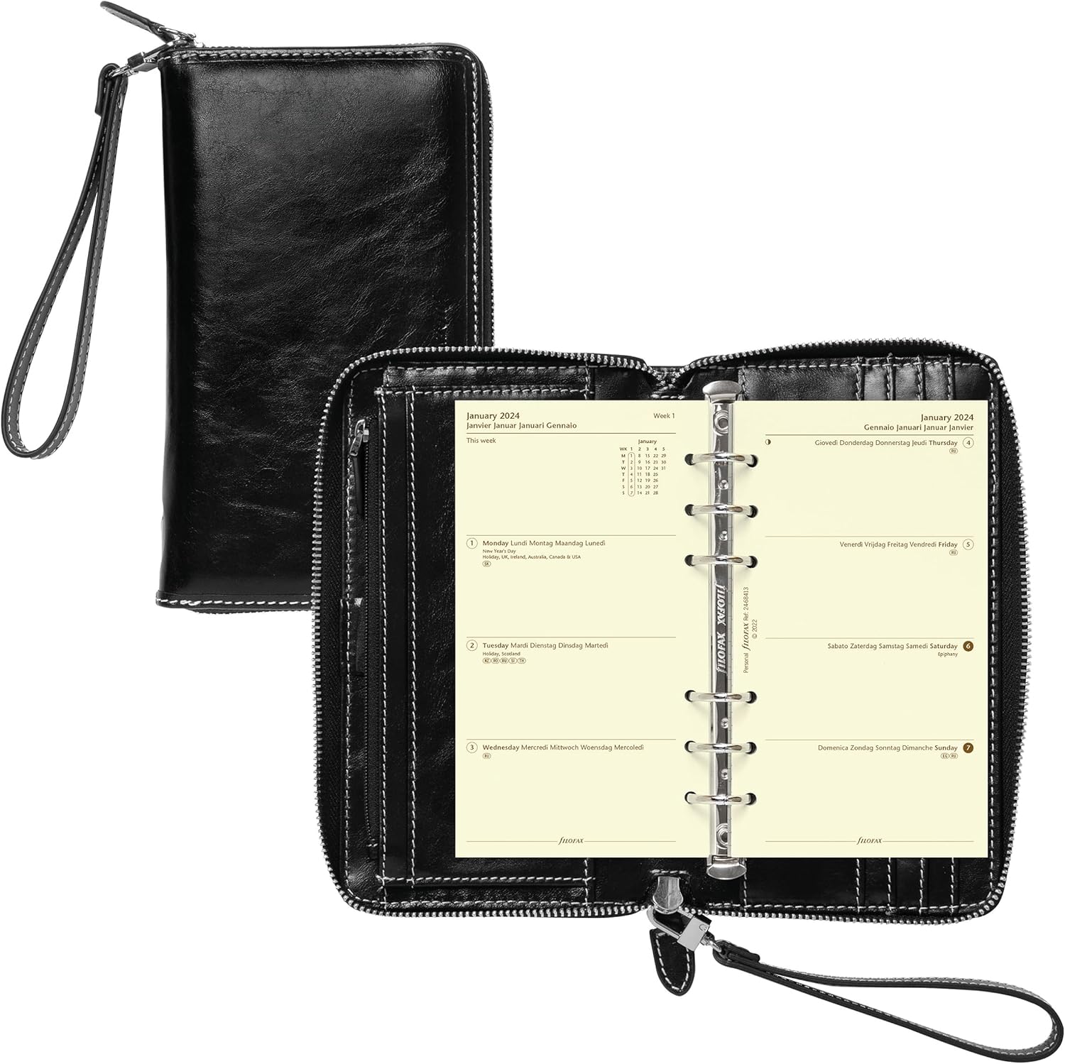 Filofax Malden – Organizador de cremallera, tamaño compacto personal, negro, táctil, piel de búfalo de grano completo, seis anillos, con calendario