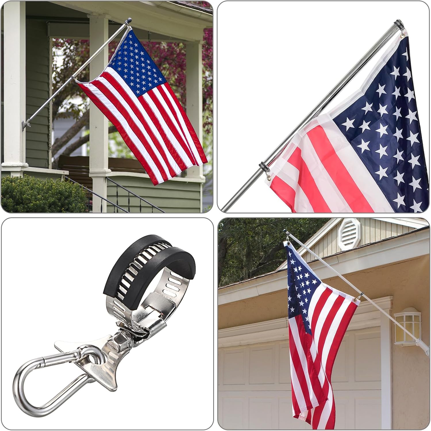 OwnMy Juego de 4 clips para asta de bandera con mosquetón, clips de bandera de barco, abrazaderas de metal para asta de bandera, anillos de asta de