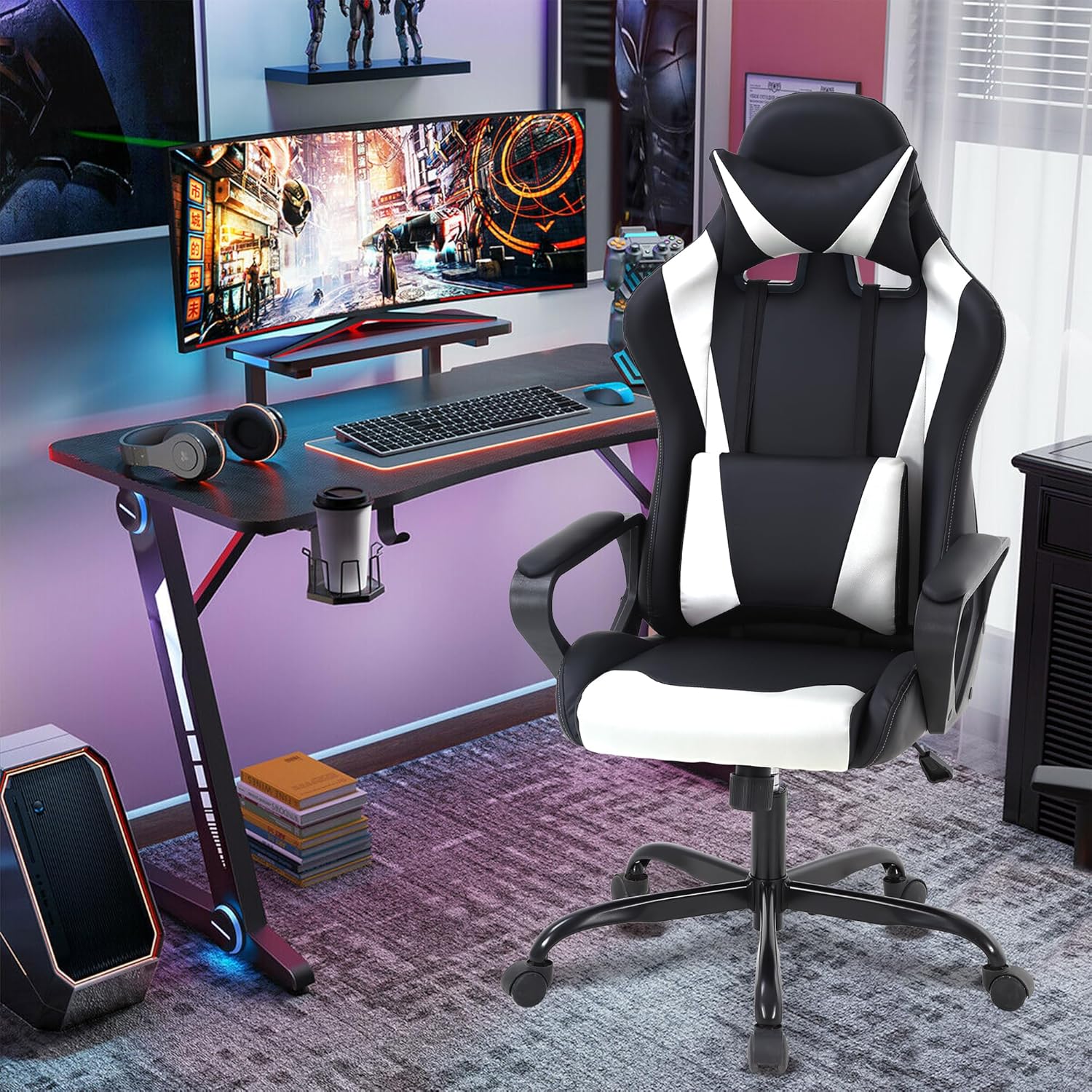 Silla para videojuegos, silla de videojuegos, silla de juegos de computadora barata, silla de juegos de piel sintética, respaldo alto, silla