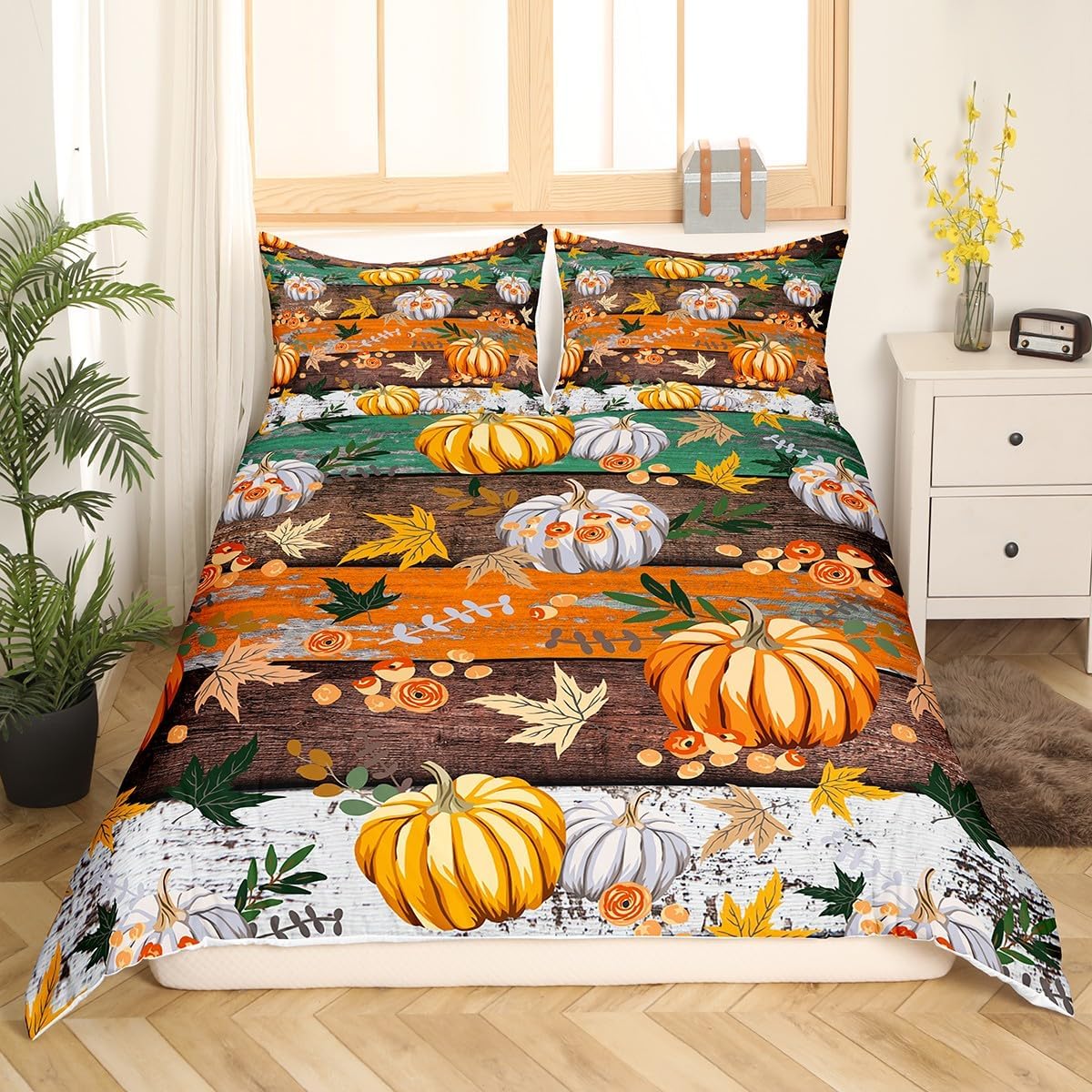 Juego de funda de edredón para niños con diseño de calabaza otoñal, tamaño King, juego de ropa de cama rústica con tablones de madera, decoración de