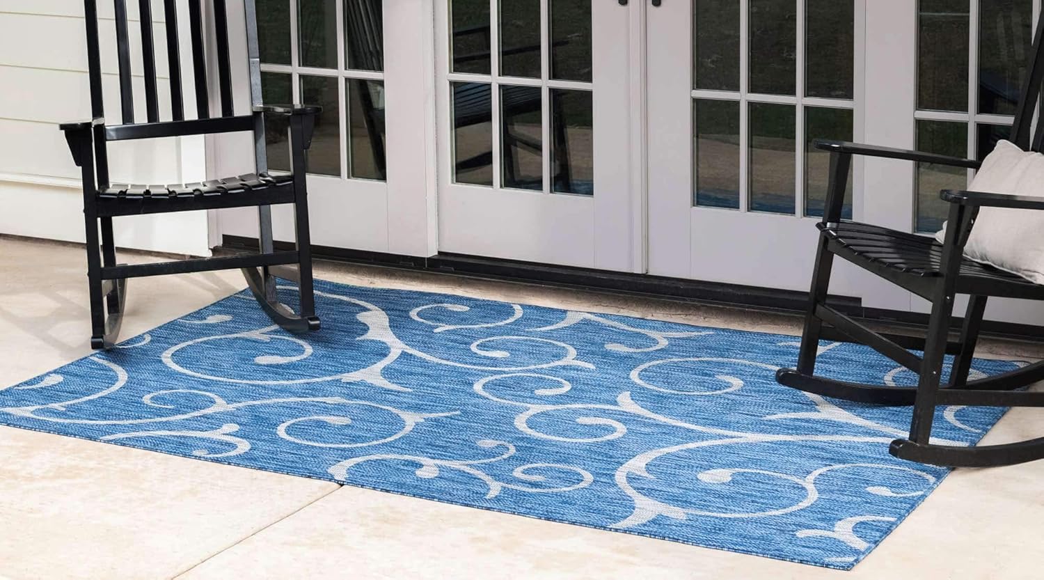 Unique Loom Outdoor Botanical Collection – Alfombra rizada, 7 pies 1pulgada x 10 pies, rectangular, azulmarfil