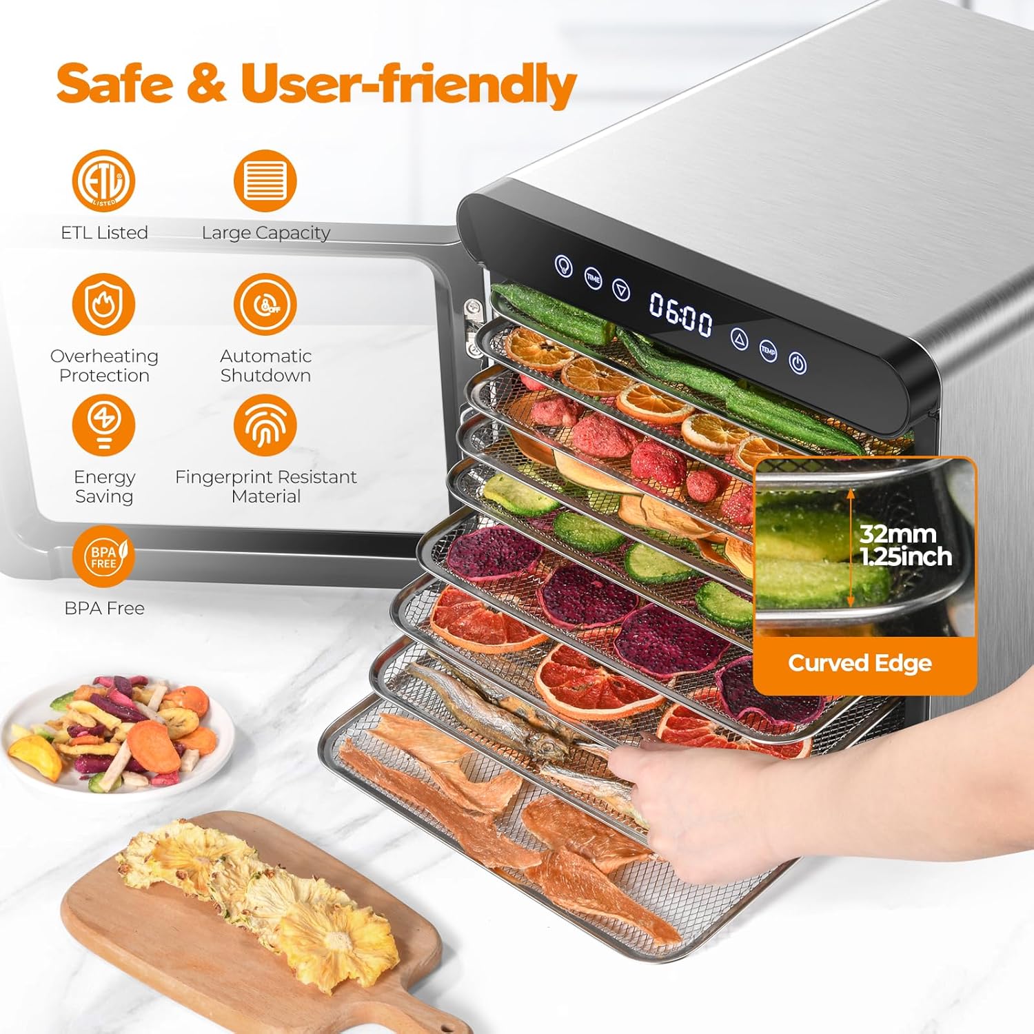 Deshidratador de alimentos para carne seca con 9 bandejas de acero inoxidable, secadora de frutas de 800 W, temperatura de 165  y temporizador de 48