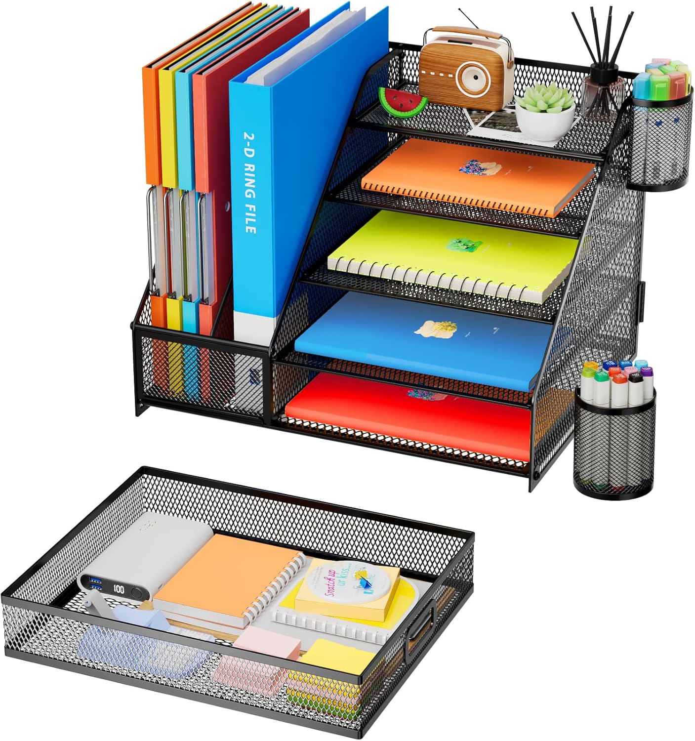 Marbrasse Organizador de escritorio con soporte para archivos + bandeja de papel de 5 niveles con soporte para archivos+cajón y 2 soportes para