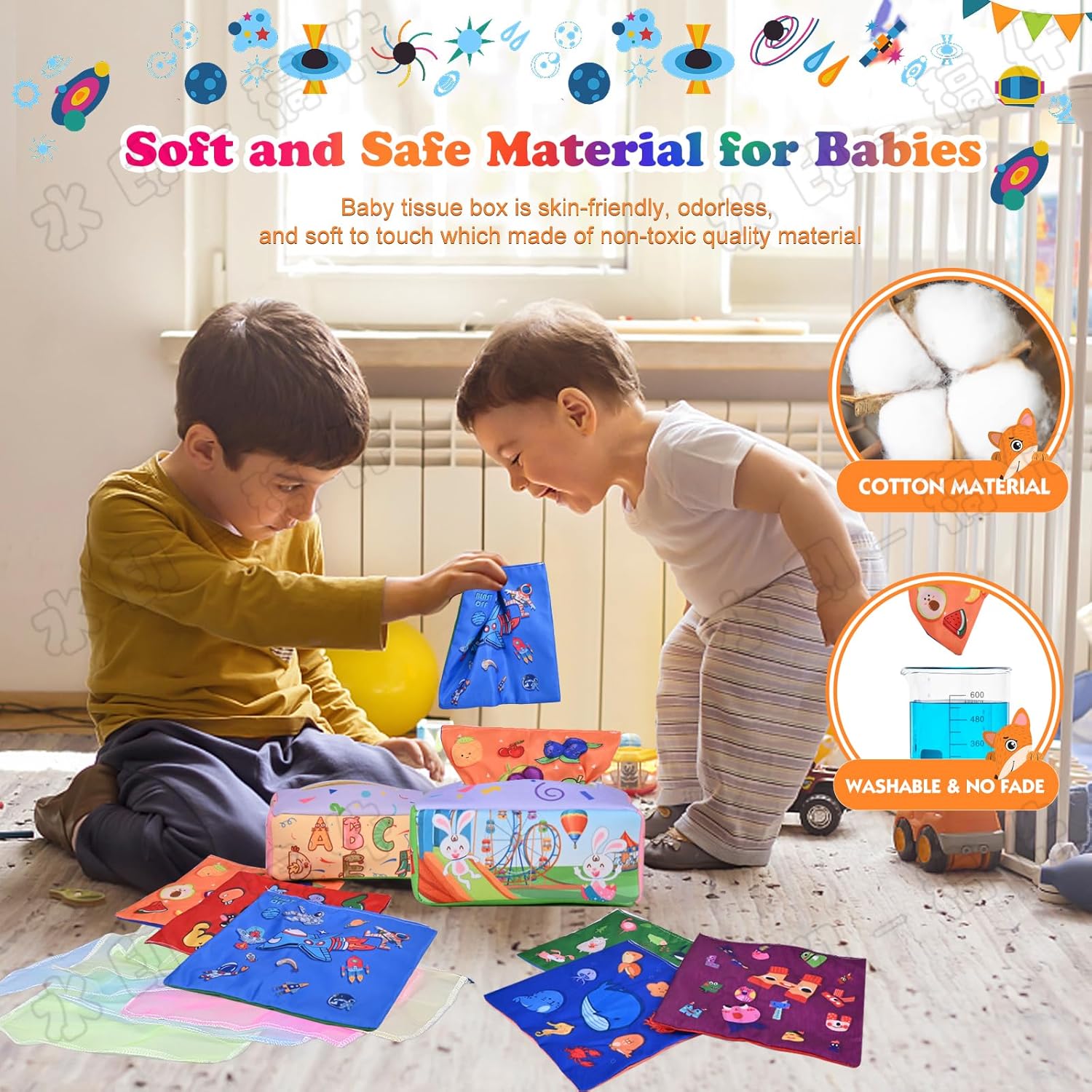 ANOOVV Caja de pañuelos para bebé, juguetes Montessori de 6 a 12 meses, juguetes Montessori para bebés, juguetes suaves de relleno de colores de
