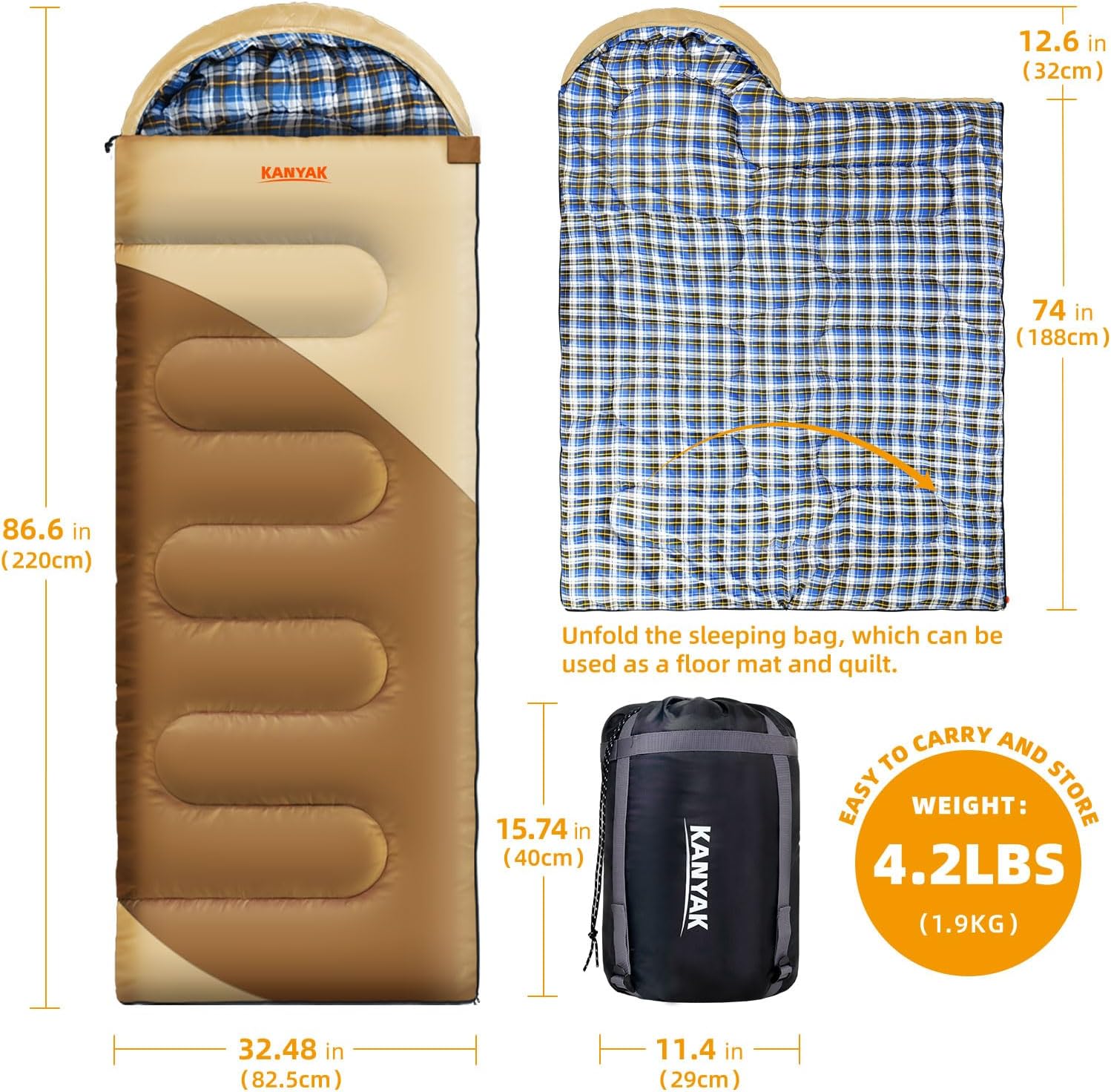 Saco de dormir de campamento, sacos de dormir de 32  para adultos, niños, adolescentes, clima frío, cálido saco de dormir de invierno para 3-4