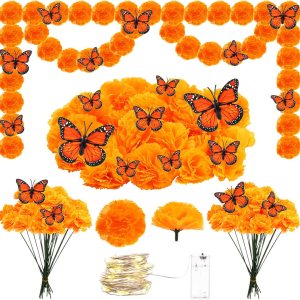 120 piezas de decoración del Día de los Muertos, flores artificiales de caléndula de seda con tallos, mariposas monarca falsas para Diwali Dia De 120 piezas de decoración del Día de los Muertos, flores artificiales de caléndula de seda con tallos, mariposas monarca falsas para Diwali Dia De