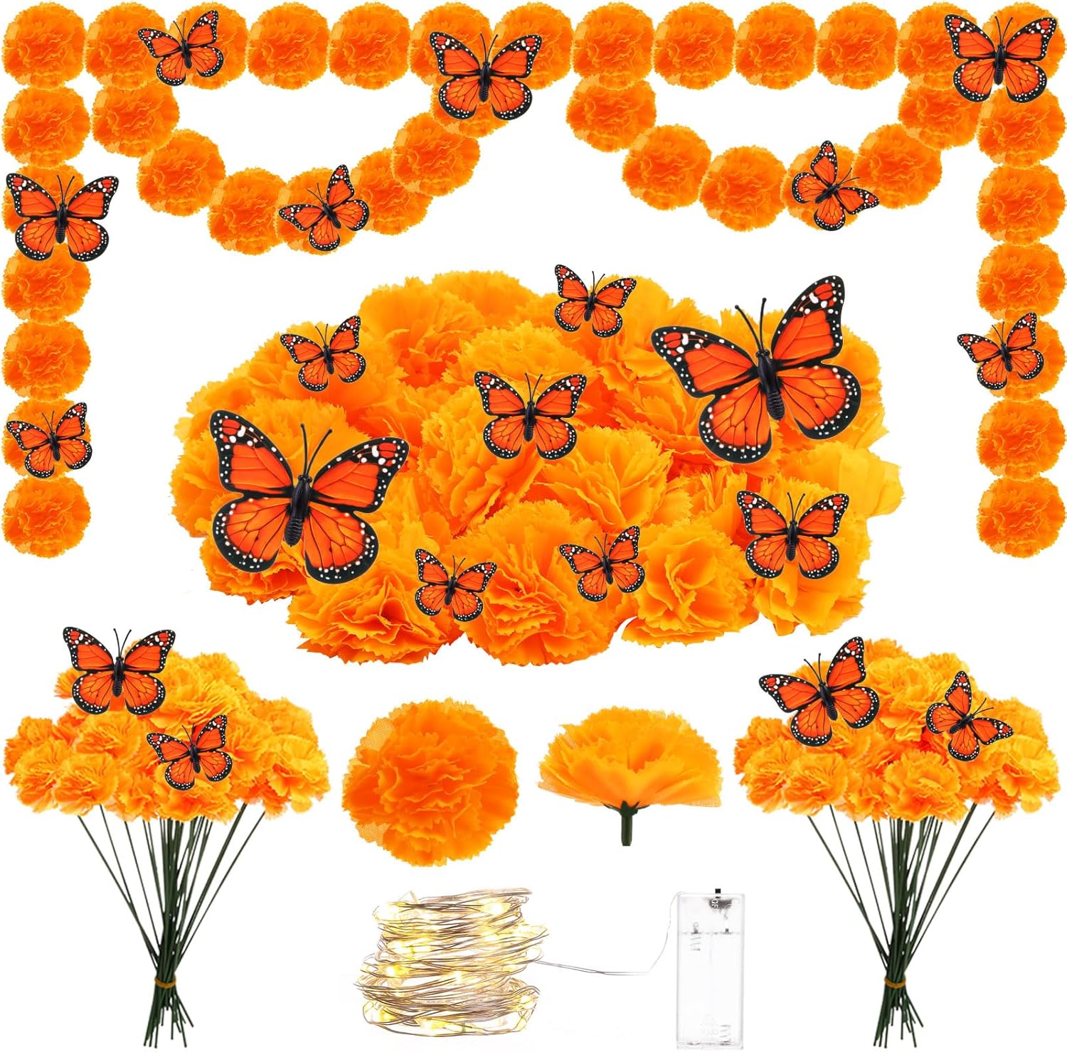 120 piezas de decoración del Día de los Muertos, flores artificiales de caléndula de seda con tallos, mariposas monarca falsas para Diwali Dia De