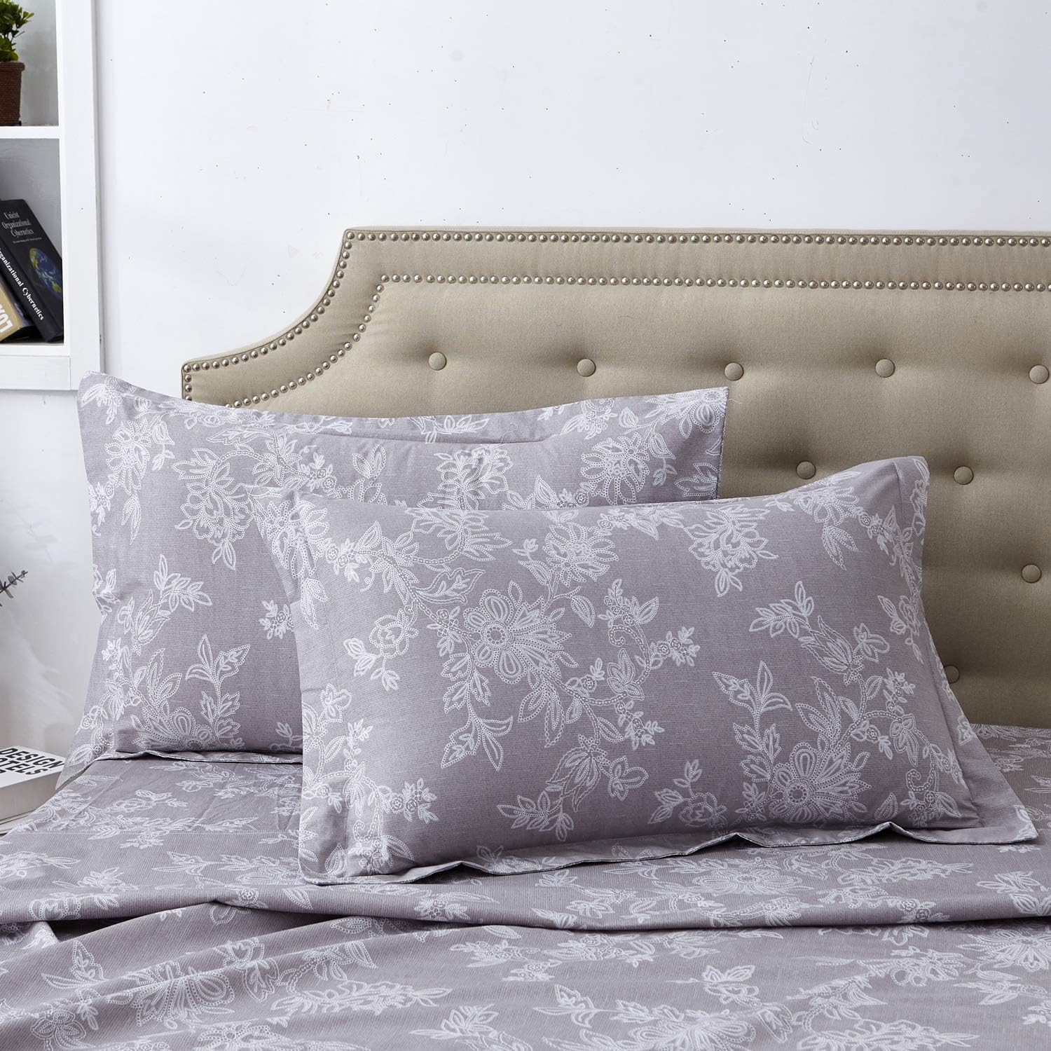 FADFAY Juego de sábanas King Farmhouse Bedding Shabby Floral Vintage Gray Ropa de cama 100% algodón súper suave, hipoalergénica, gris y blanco,