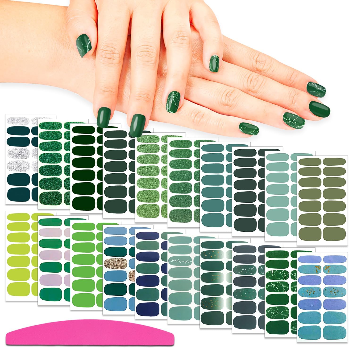 SILPECWEE 20 hojas de tiras de esmalte de uñas verdes, envolturas de uñas de primavera para mujeres, autoadhesivas, tiras de uñas de esmalte de uñas