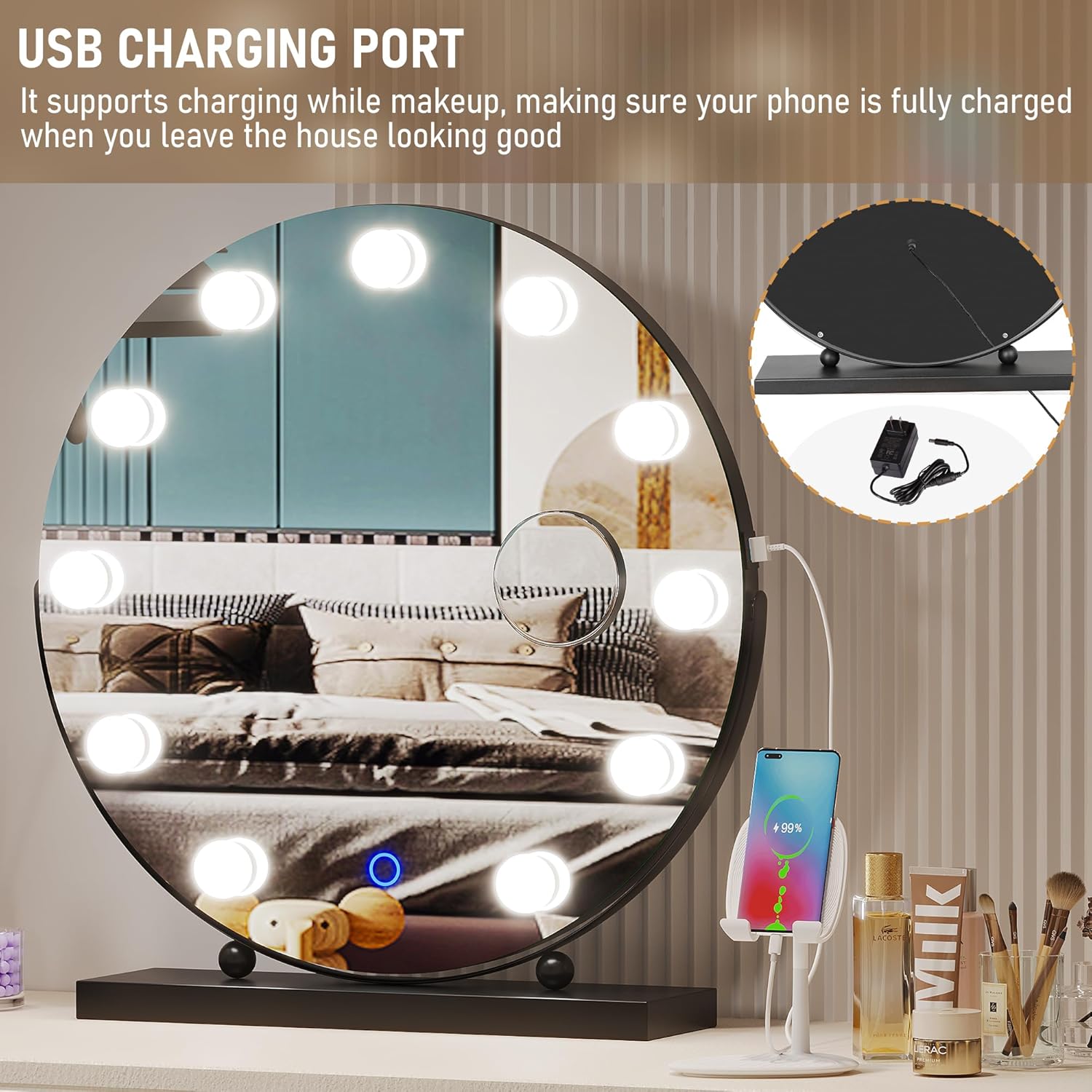 LVSOMT Hollywood Espejo de maquillaje con luces, espejo de maquillaje de 20 pulgadas con aumento de 10X, espejo LED redondo de rotación de 360 con