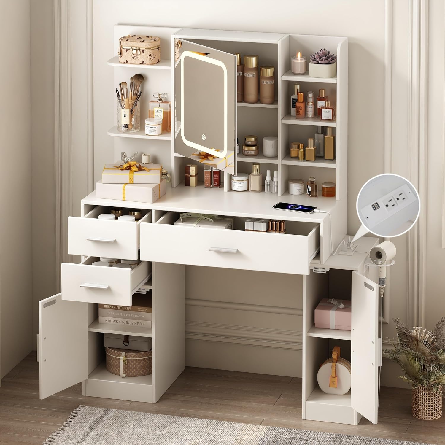Fameill Escritorio de maquillaje con luces en 3 colores y espejo que se puede abrir, tocador blanco con 3 cajones y 2 armarios y estantes, mesa de