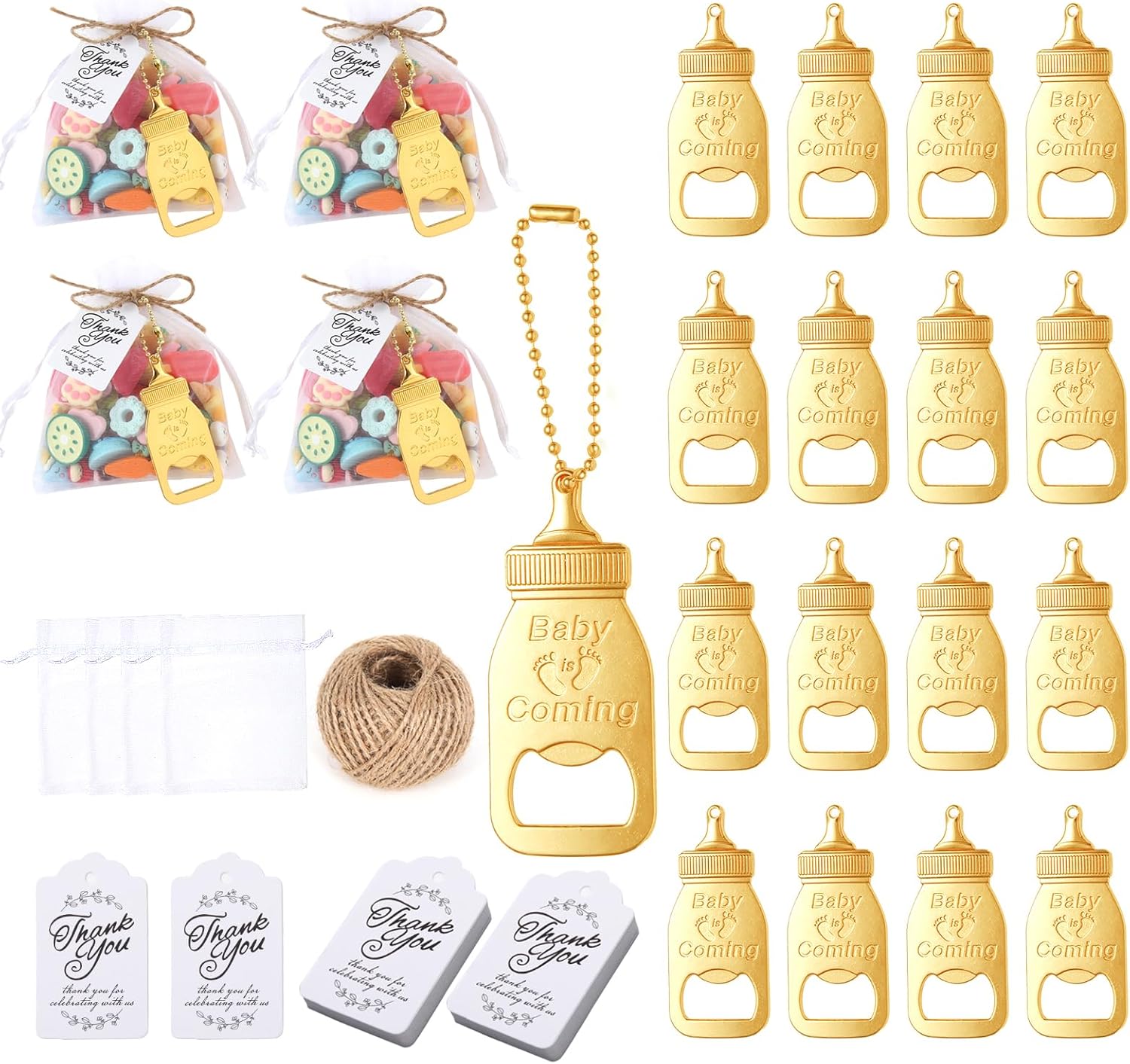 50 unidades de abrebotellas de bebé, recuerdos de baby shower para invitados, recuerdos de baby shower para invitados, bolsa de organza con