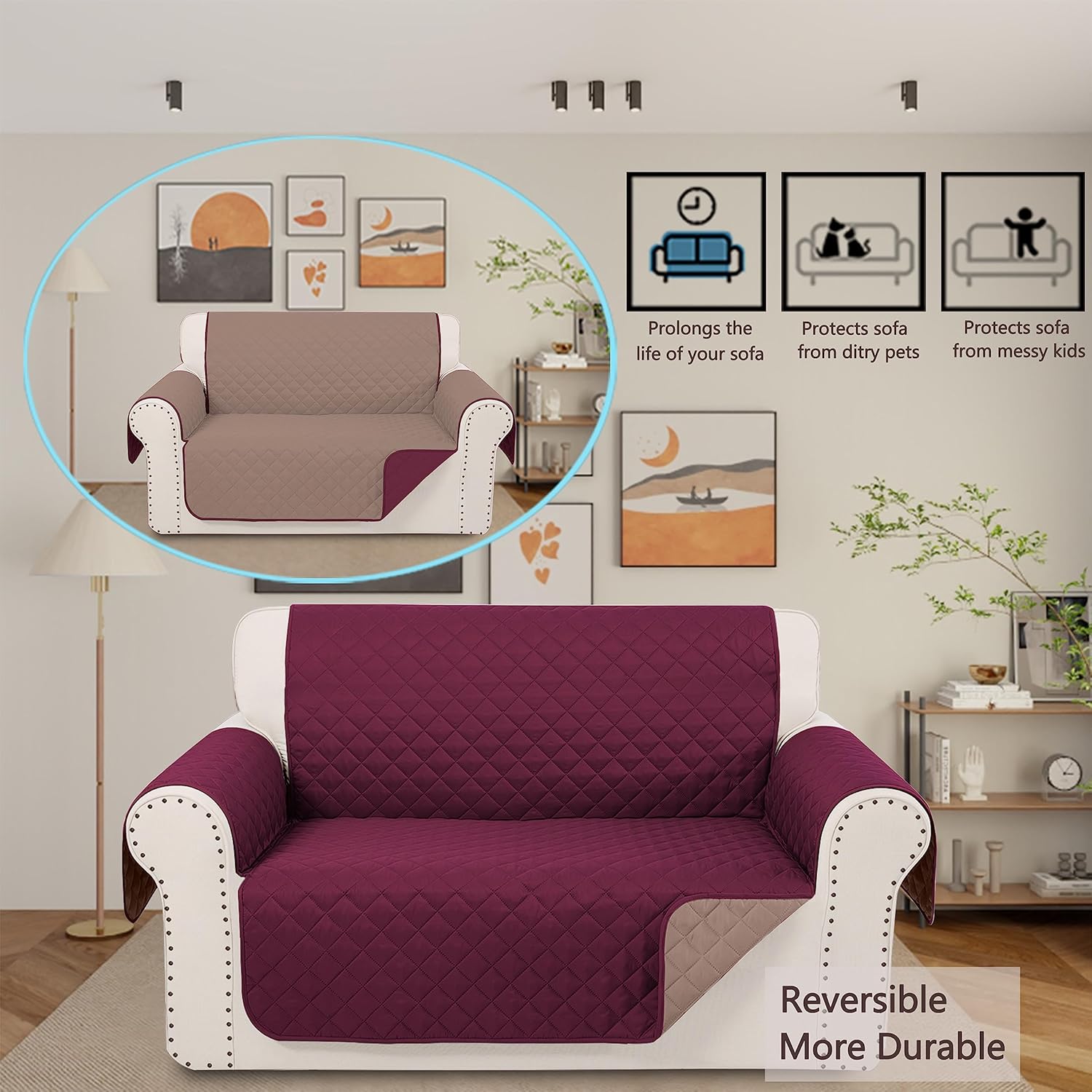 Reversible Loveseat Sofa Covers Couch Cover Furniture Protector(Loveseat Small,BurgundyCamel)