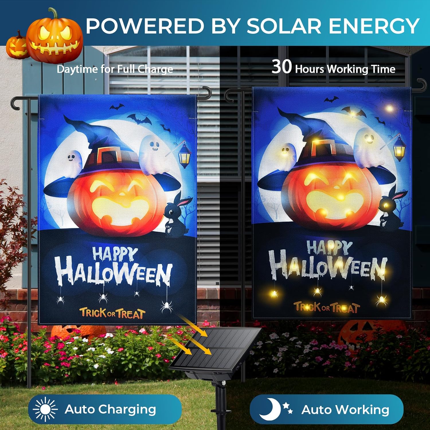 NEVIRIGE Bandera de jardín intermitente de Halloween, bonita bandera iluminada con diseño de fantasma de calabaza para decoraciones de Halloween,