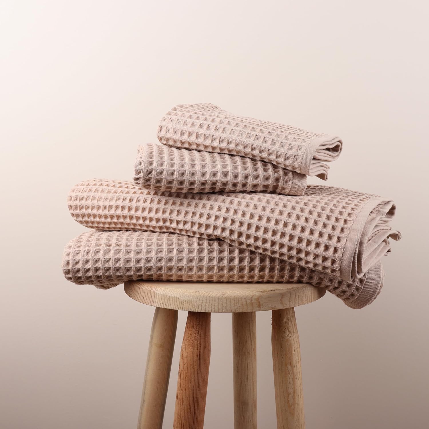 Püskül – Juego de 4 toallas de punto gofre para baño, algodón turco orgánico de primera calidad, 2 toallas de mano y 2 toallas de baño (beige)