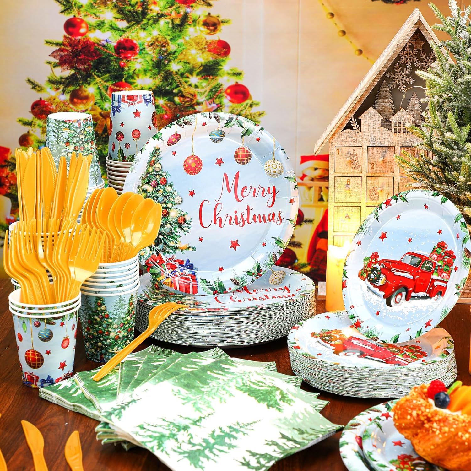 Juego de vajilla desechable de 350 piezas, sirve 50 unidades, platos de papel para camión de Navidad, servilletas de árbol de Navidad, tazas,