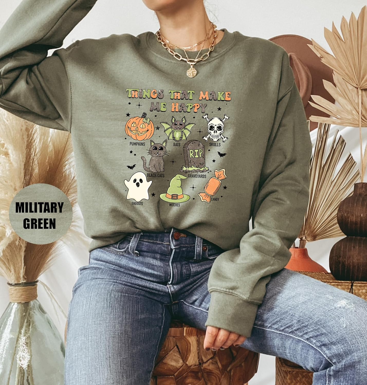 ElixirStreet Halloween Hoodies, Retro Things That Make Me Happy Halloween Sweatshirt, Cute Halloween, Graphic Tee, Cute Spooky, Skull Sweater,