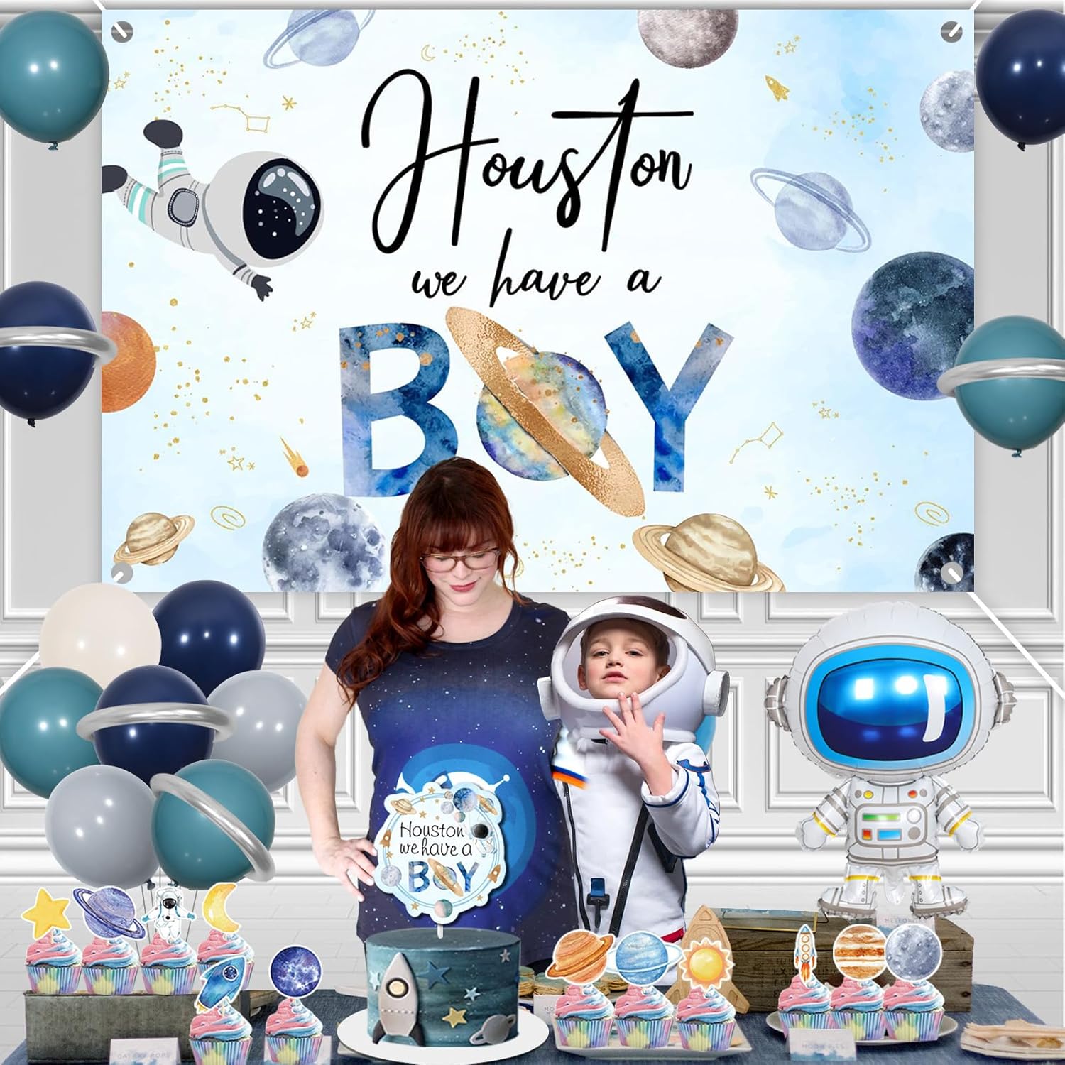 Decoraciones para baby shower del espacio exterior para niño, decoración de cupcakes de astronauta espacial, Houston We Have a Boy Baby Shower telón
