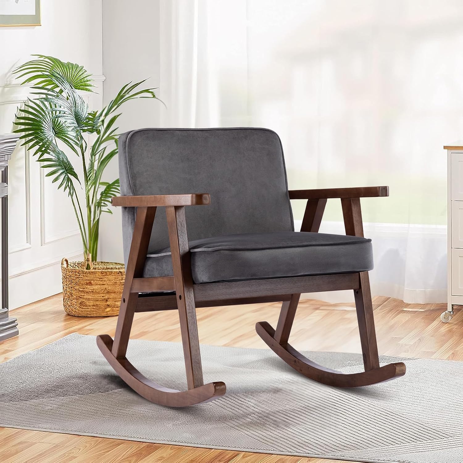 KINFFICT Mecedora tapizada, mecedora mecedora de mediados de siglo con patas de madera maciza, cómoda silla con brazo decorativo para sala de estar,
