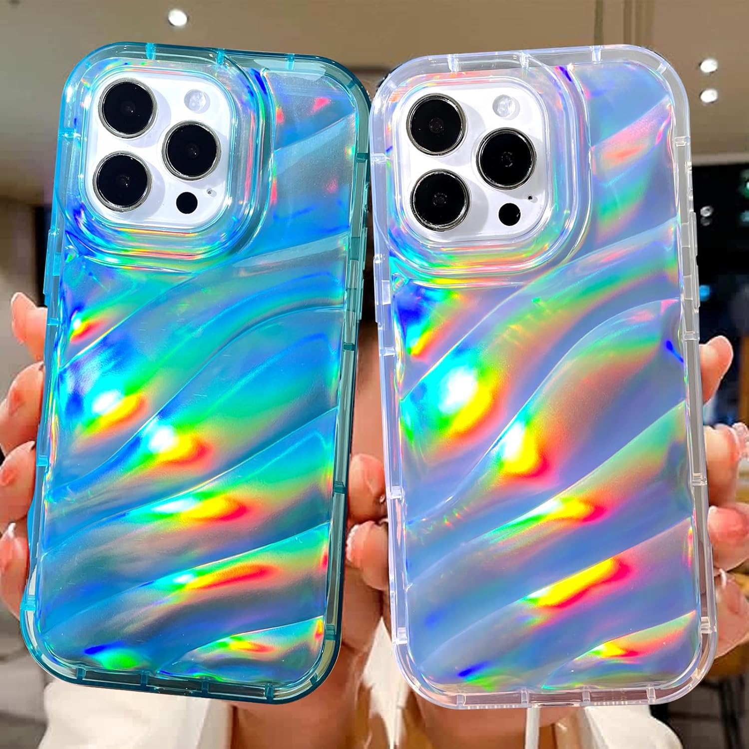 Bonoma Funda compatible con iPhone 15 Pro, funda brillante iridiscente con ondas de cristal fluorescente, protector de cámara + protector de