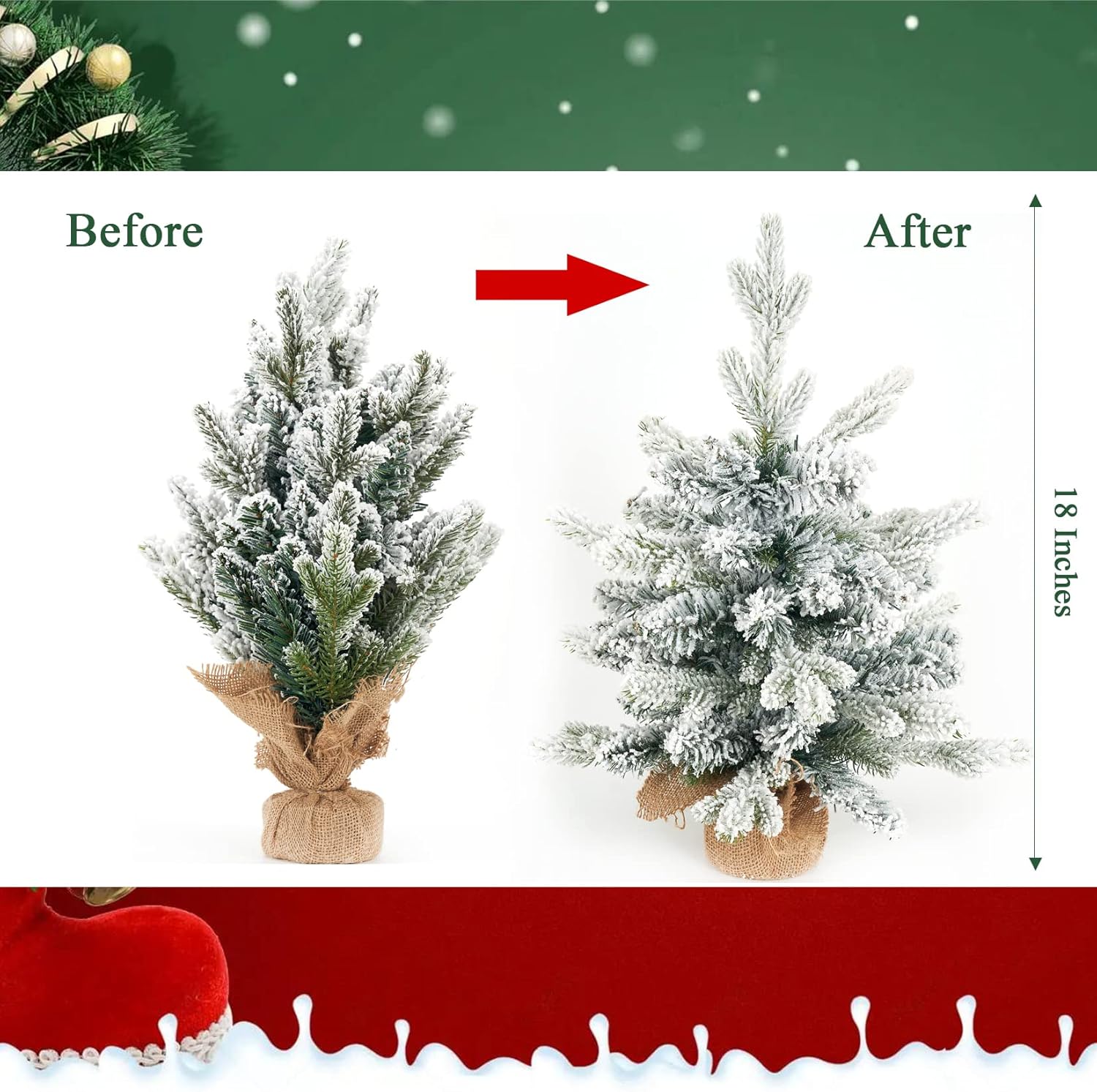 Árbol de Navidad artificial de mesa, pequeño, de 18 pulgadas, árbol de pino de Navidad flocado para mesa, escritorio, decoración de Navidad para el