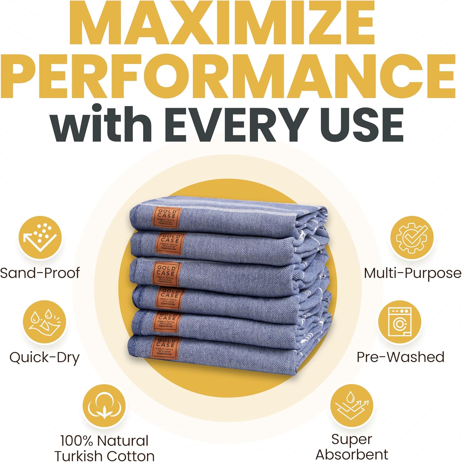 Gold Case Lycia – Toalla pestemal turca multiusos de 100 % algodón para baño, playa, 70 x 38 pulgadas, tamaño XXL, azul marino, juego de 6