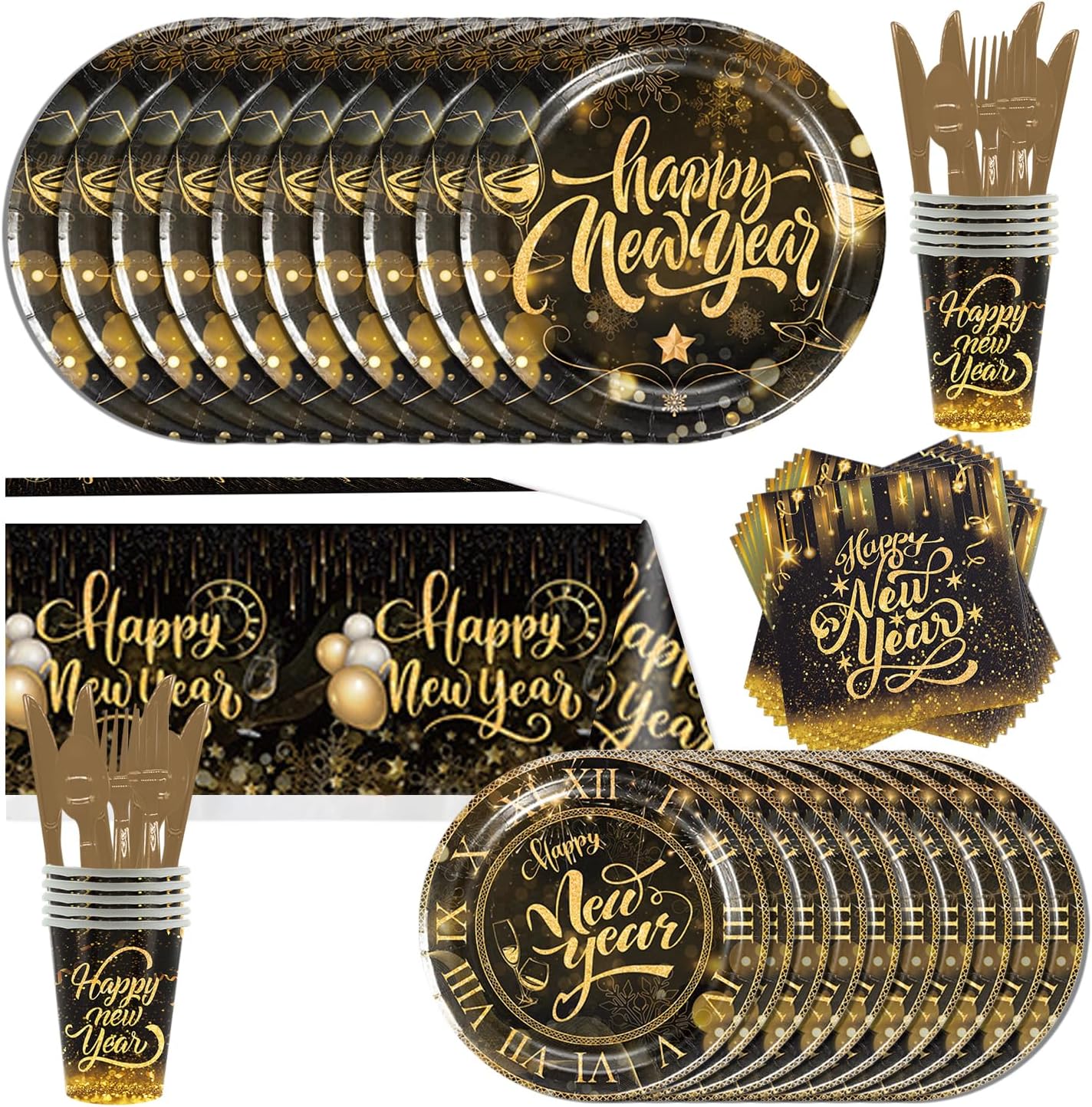 Juego de vajilla para fiesta de Año Nuevo 2024 de oro negro para 10 invitados, incluyendo mantel, servilleta, cuchillo, tenedor, cuchara, plato de