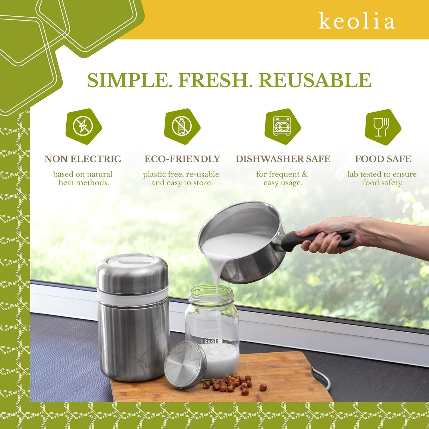 Keolia Máquina para hacer yogur, tarros de vidrio para yogur de 1 cuarto de galón con libro de recetas y accesorios para hacer yogur, cultura de