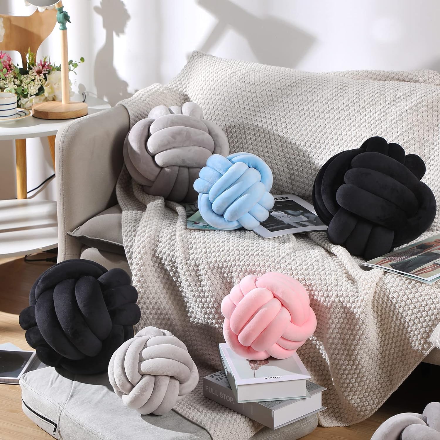 Namalu 2 almohadas con nudo, redondas, de felpa, estéticas, suaves, para aliviar el estrés, lindas almohadas decorativas anudadas para la decoración